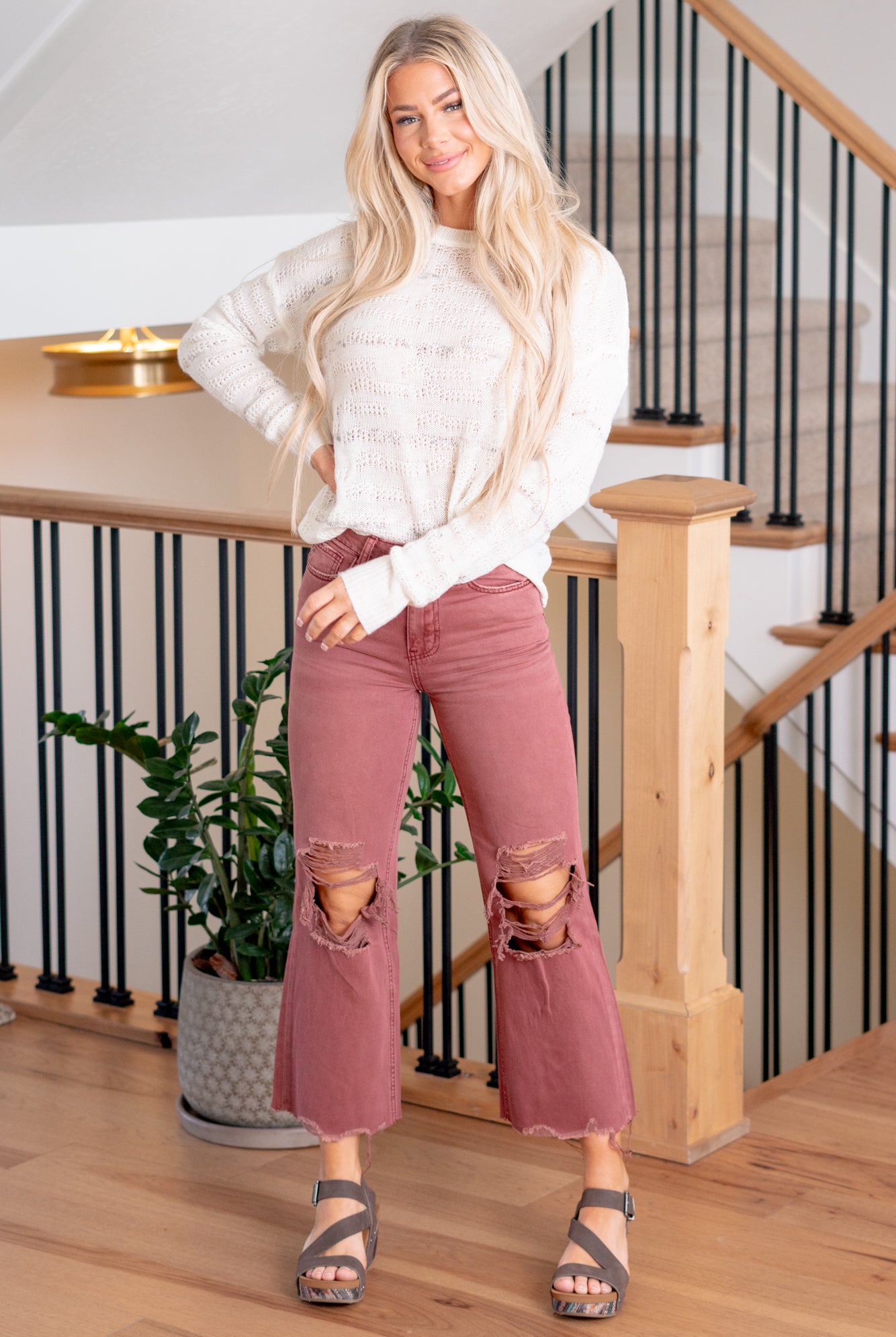 Vervet Flying Monkey Jeans These jeans feature a high waist with a cropped flare bottom and distressed legs in a pretty balsam wash in nonstretch denim. Color: Russet Brown Cut: Crop Flare, 27* Rise: High Rise, 10" Front Rise* Material: 100% Cotton Machine Wash Separately In Cold Water Stitching: Classic Fly: Zipper Style #: V2736RU