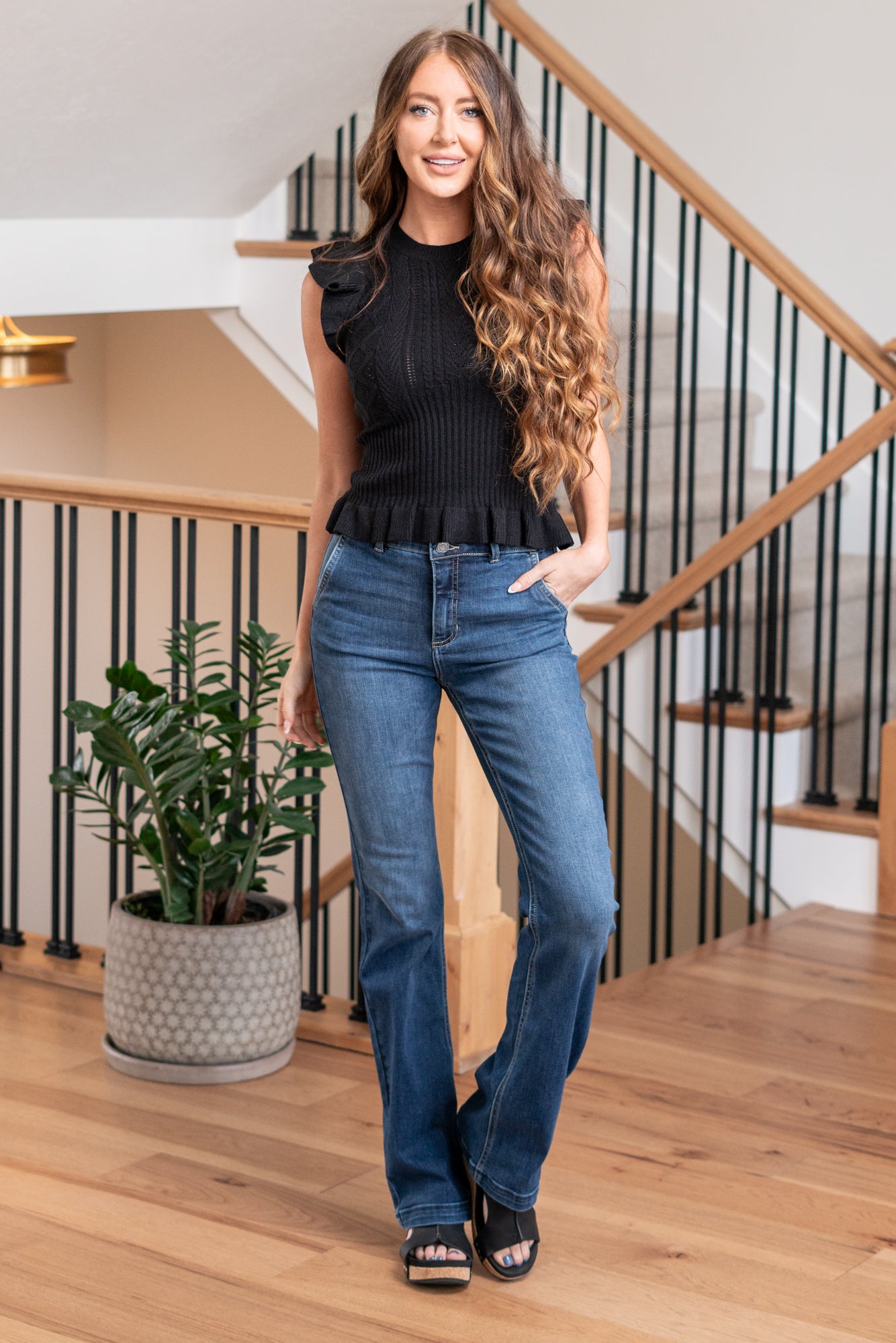 Cello Jeans High Rise 2-Button Flare Jeans featuring back yoke seams. Crafted from comfortable cotton stretch fabric, these jeans offer both style and flexibility. The high-rise waist and flared legs add a flattering and fashion-forward touch to your outfit. Cut: Flare, 33" Inseam* Rise:-Rise, 10.75" Front Rise* Color: Dark Wash 74%Cotton 15% Polyester 10% Rayon 1% Spandex Fly: Zipper Style #: WV36877DK-2