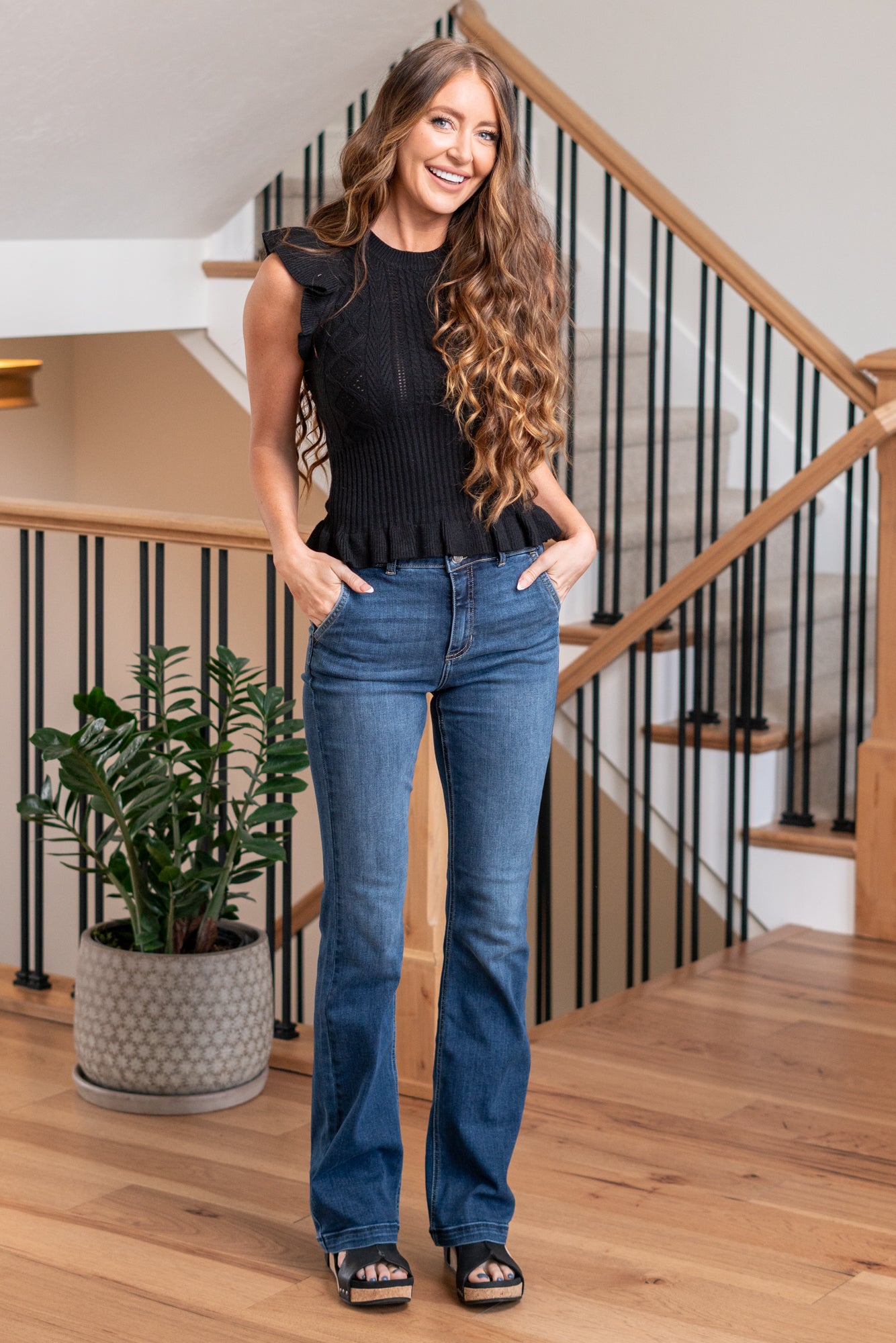 Cello Jeans High Rise 2-Button Flare Jeans featuring back yoke seams. Crafted from comfortable cotton stretch fabric, these jeans offer both style and flexibility. The high-rise waist and flared legs add a flattering and fashion-forward touch to your outfit. Cut: Flare, 33" Inseam* Rise:-Rise, 10.75" Front Rise* Color: Dark Wash 74%Cotton 15% Polyester 10% Rayon 1% Spandex Fly: Zipper Style #: WV36877DK-2