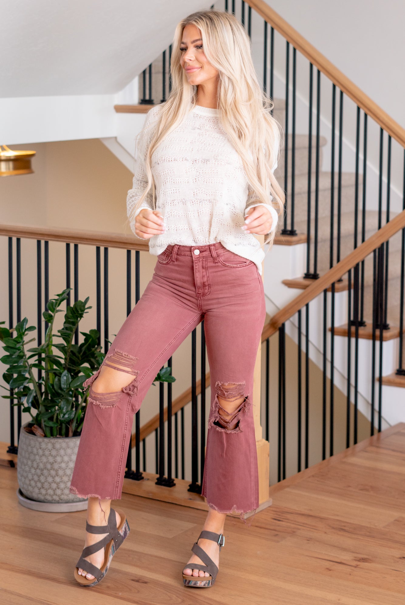 Vervet Flying Monkey Jeans These jeans feature a high waist with a cropped flare bottom and distressed legs in a pretty balsam wash in nonstretch denim. Color: Russet Brown Cut: Crop Flare, 27* Rise: High Rise, 10" Front Rise* Material: 100% Cotton Machine Wash Separately In Cold Water Stitching: Classic Fly: Zipper Style #: V2736RU