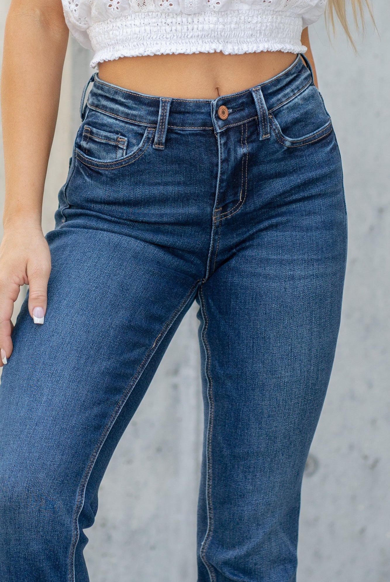 VERVET by Flying Monkey Jeans Skinny, 31" Inseam* High Rise, 9" Front Rise* 65% COTTON 30% POLYESTER 3% RAYON 2% SPANDEX Machine Wash Separately In Cold Water Stitching: Classic Fly: Zipper Style #: T5351 *Measured on the smallest size, measurements may vary by size. Contact us for any additional measurements or sizing. Cas is 5'7" and wears a size 25 in jeans, a small in tops, and 8 in shoes. She is wearing size 25 in these jeans.