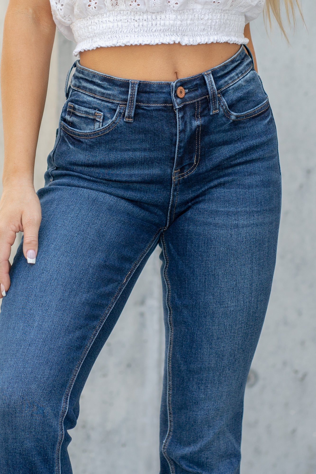 VERVET by Flying Monkey Jeans Skinny, 31" Inseam* High Rise, 9" Front Rise* 65% COTTON 30% POLYESTER 3% RAYON 2% SPANDEX Machine Wash Separately In Cold Water Stitching: Classic Fly: Zipper Style #: T5351 *Measured on the smallest size, measurements may vary by size. Contact us for any additional measurements or sizing. Cas is 5'7" and wears a size 25 in jeans, a small in tops, and 8 in shoes. She is wearing size 25 in these jeans.