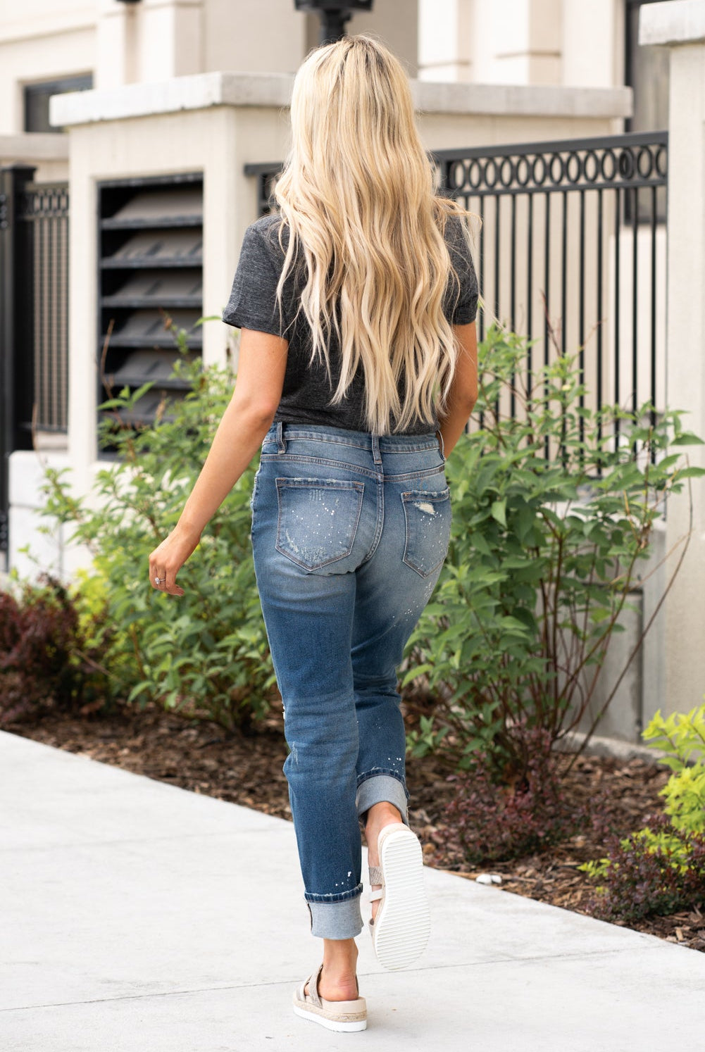 KanCan Jeans Color: Medium Blue Wash Cut: Cuffed Boyfriend Skinny, 27" Inseam Rise: High-Rise, 9.75" Front Rise 99% Cotton, 1% Spandex Stitching: Classic Fly: Zipper  Style #: KC8368M Contact us for any additional measurements or sizing.  Haley is 5’6" and wears size 1 in jeans, a small top and 7.5 in shoes. She is wearing a size 24/1 in these jeans.