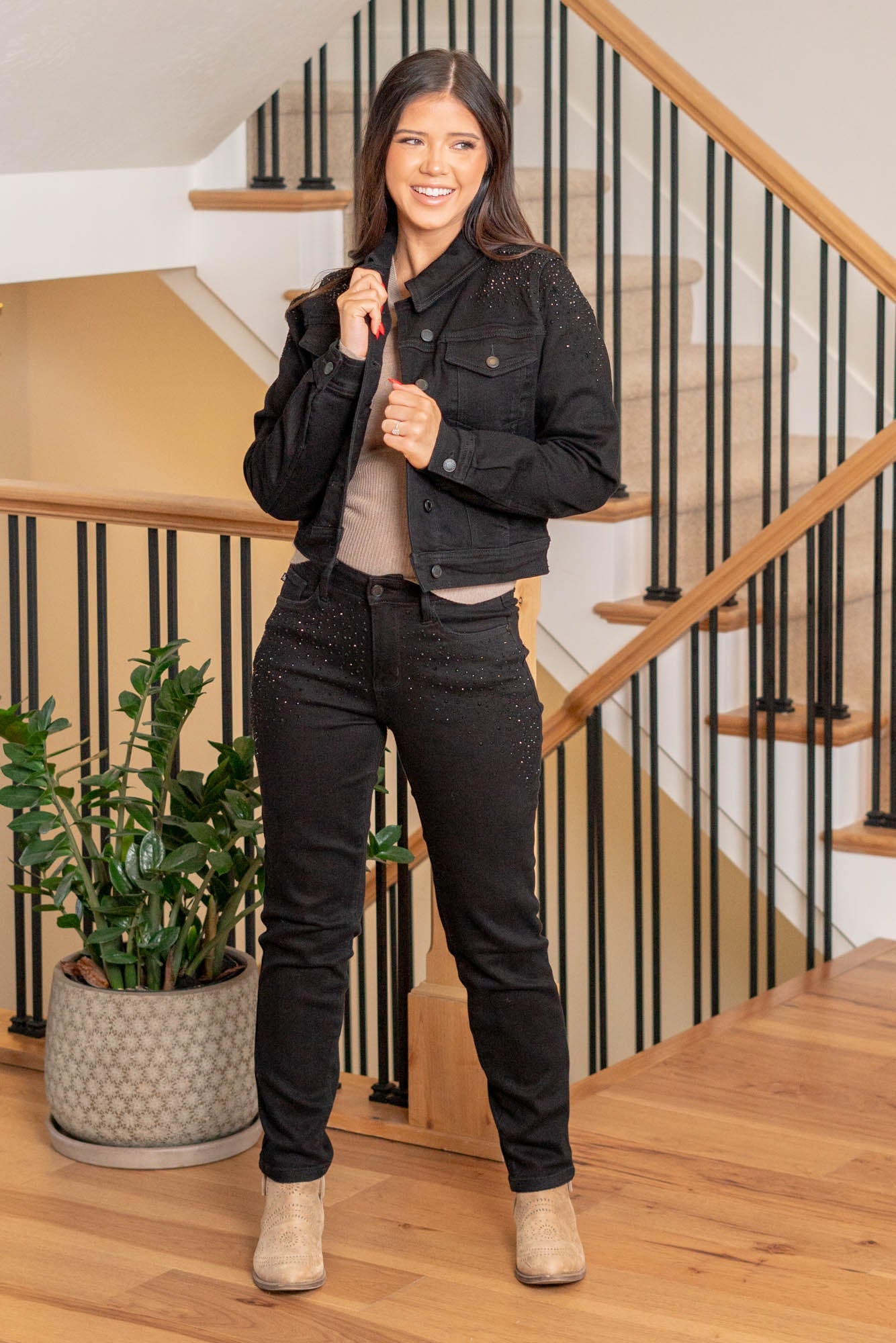 Judy Blue Sprinkle some charm into your wardrobe with our adorable Rhinestone Delight Jacket in playful black stretchy fabric! This jacket isn't just about looking good; it's about sparkling with joy. The rhinestone detailing adds a touch of magic, making it perfect for adding a dash of cuteness to your outfits. Comfortable and stylish, it's your go-to for turning any day into a whimsical adventure!