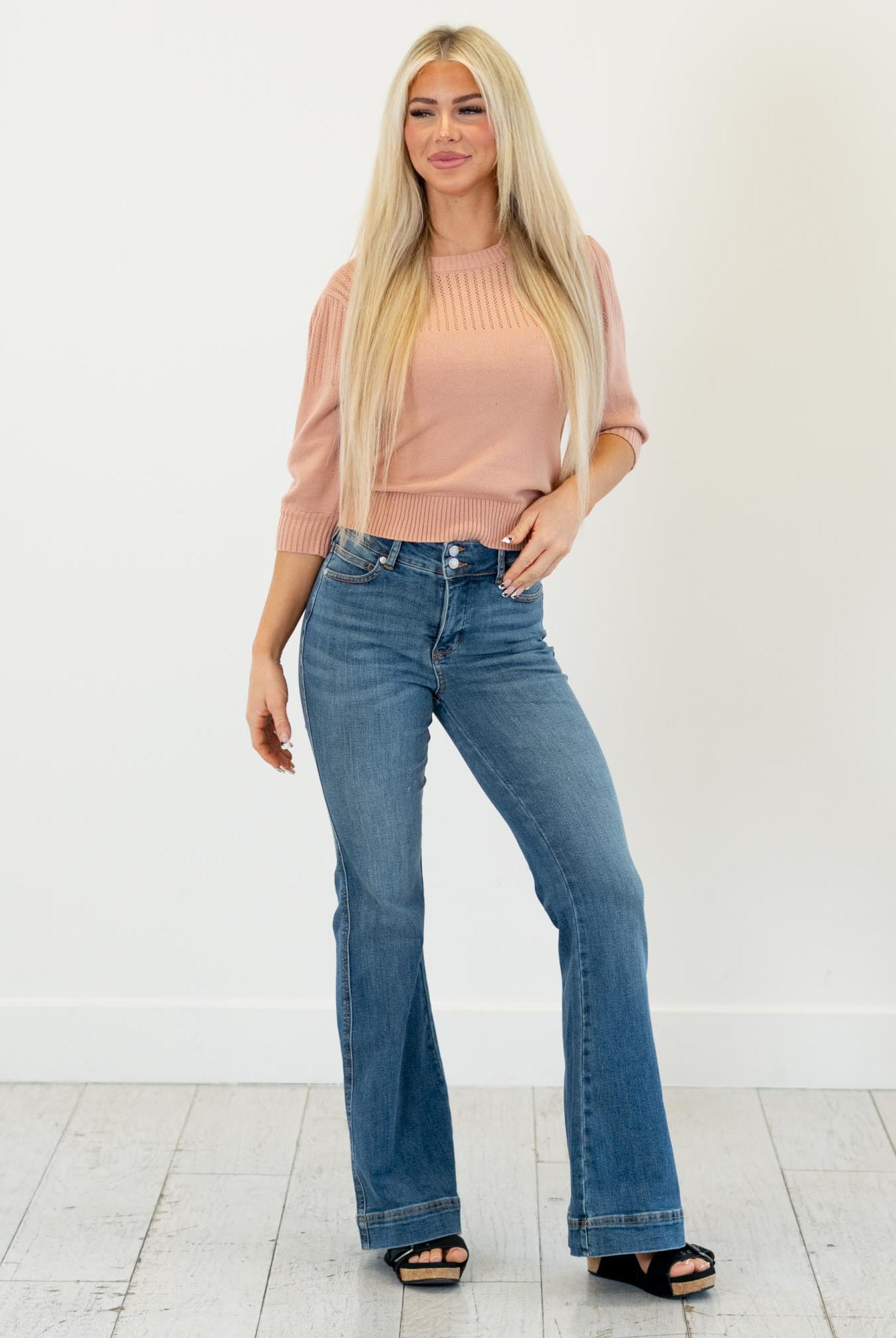 Judy Blue
High-rise tummy control, double-button waist, soft stretch flare—your new sculpting denim essential.
Color: Medium Blue
Cut: Flare, 10.75" Inseam*
Rise: High Rise, 33" Front Rise*
Material: 91% Cotton, 7% Polyester, 2% Spandex
Stitching: Classic
Fly: Zipper
Style #: Style # JB881018 | # 881018
*Measured on the smallest size, measurements may vary by size.
Contact us for any additional measurements or sizing.