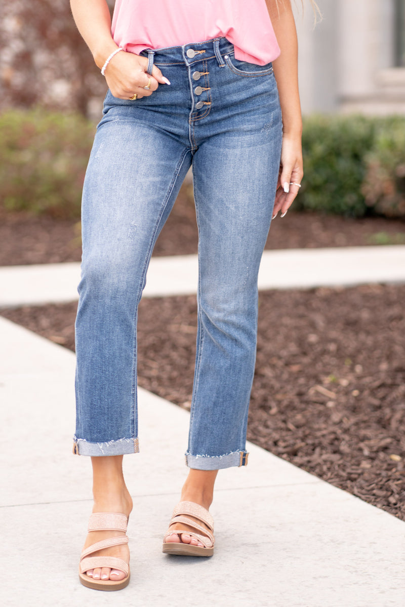 Lazy Afternoons Button Fly Cropped Bootcut Jeans