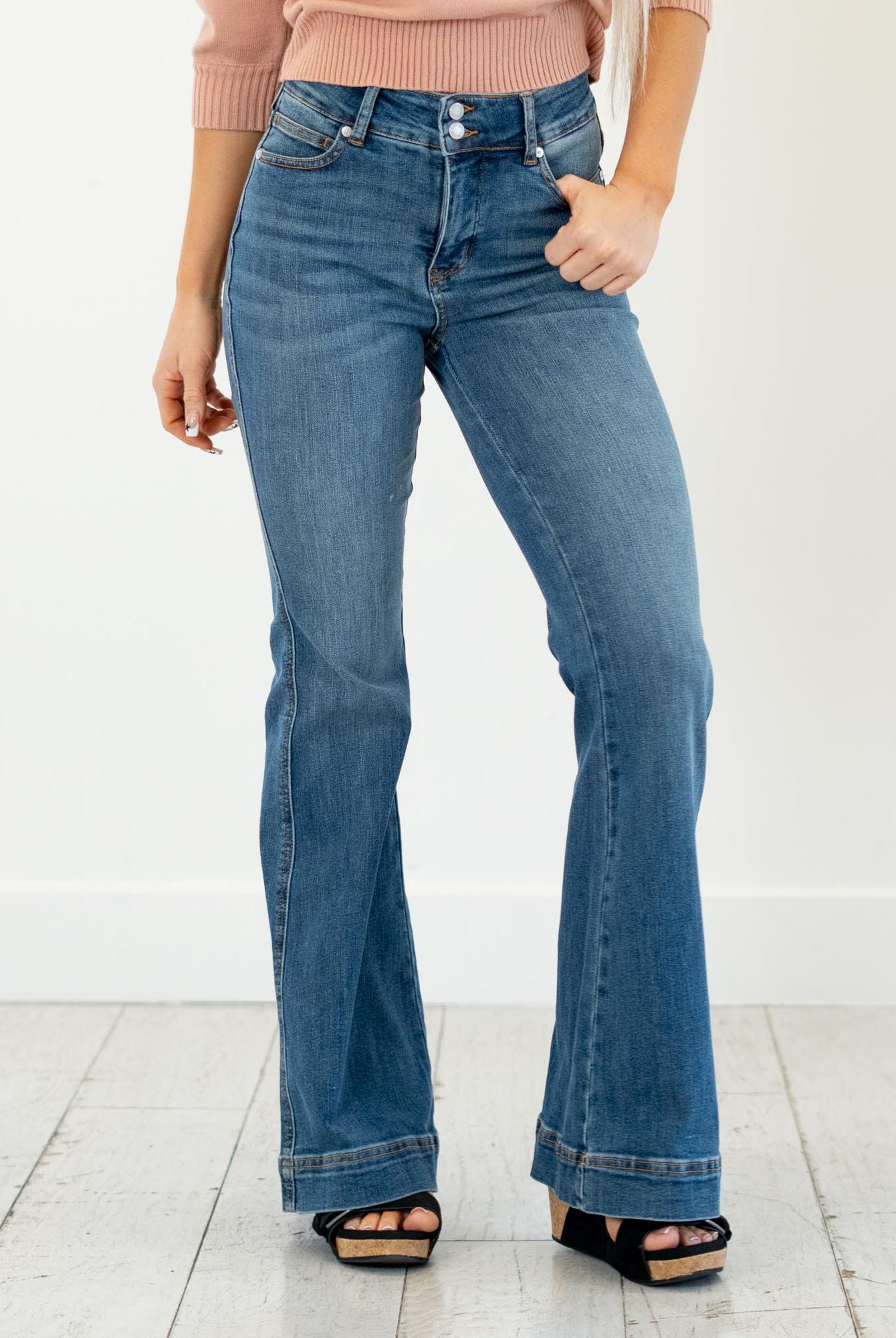 Judy Blue
High-rise tummy control, double-button waist, soft stretch flare—your new sculpting denim essential.
Color: Medium Blue
Cut: Flare, 10.75" Inseam*
Rise: High Rise, 33" Front Rise*
Material: 91% Cotton, 7% Polyester, 2% Spandex
Stitching: Classic
Fly: Zipper
Style #: Style # JB881018 | # 881018
*Measured on the smallest size, measurements may vary by size.
Contact us for any additional measurements or sizing.