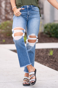 Tan Line Mid Rise Distressed Cropped Flare Jeans