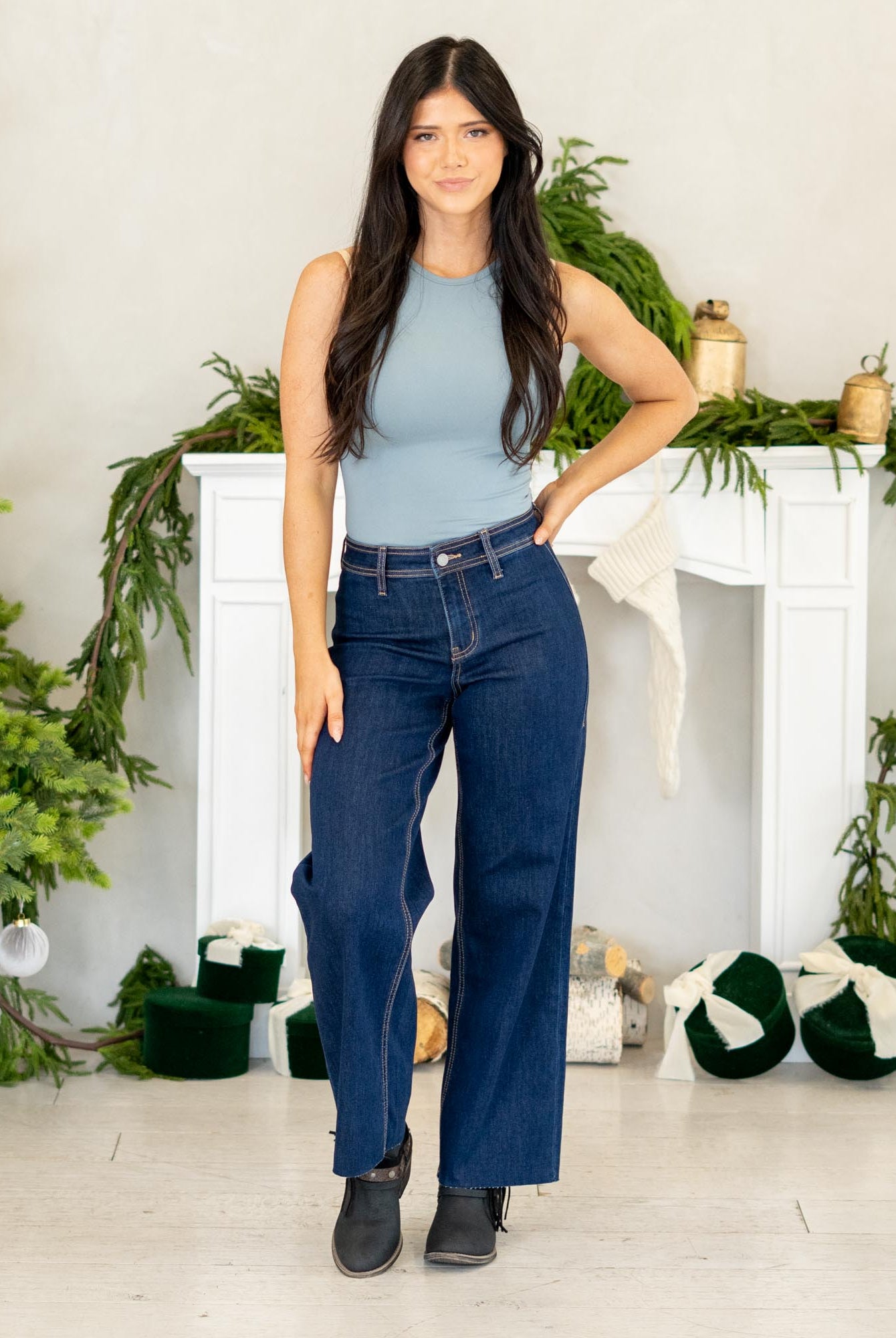 VERVET by Flying Monkey Jeans
Effortless, modern, and made to flatter — the Genial High Rise Raw Hem Wide Leg Jeans feature soft comfort stretch denim with a polished yet easy silhouette. The high rise waist enhances your shape, while the clean-cut raw hem and ankle-length finish give these wide legs a fresh, on-trend look. Simple, sleek, and ready for everyday styling.
Color Name: Genial
Color: Dark Blue Wash
Cut: Wide Leg, 28" Inseam*
Rise: High-Rise, 10" Front Rise*
Leg Opening: 20"