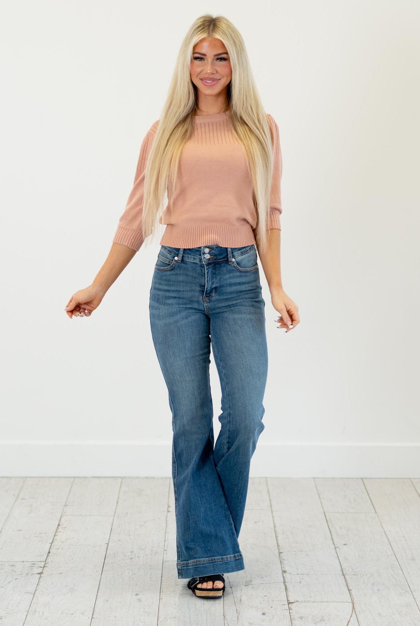 Judy Blue
High-rise tummy control, double-button waist, soft stretch flare—your new sculpting denim essential.
Color: Medium Blue
Cut: Flare, 10.75" Inseam*
Rise: High Rise, 33" Front Rise*
Material: 91% Cotton, 7% Polyester, 2% Spandex
Stitching: Classic
Fly: Zipper
Style #: Style # JB881018 | # 881018
*Measured on the smallest size, measurements may vary by size.
Contact us for any additional measurements or sizing.