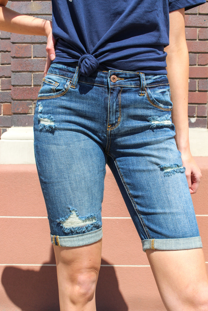 Distressed Bermuda Shorts from A2 Jeans by Special A Collection: Spring 2020 Bermuda Shorts Mid Rise waist, 8.5" Front Rise Shorts, 12.5" Inseam Medium Wash Material: 98% COTTON 2% Elastane Stitching: Classic Fly: Zipper Style #: IS5638D Contact us for any additional measurements or sizing. Small/1-3 Medium/ 5-9 Large/9-13