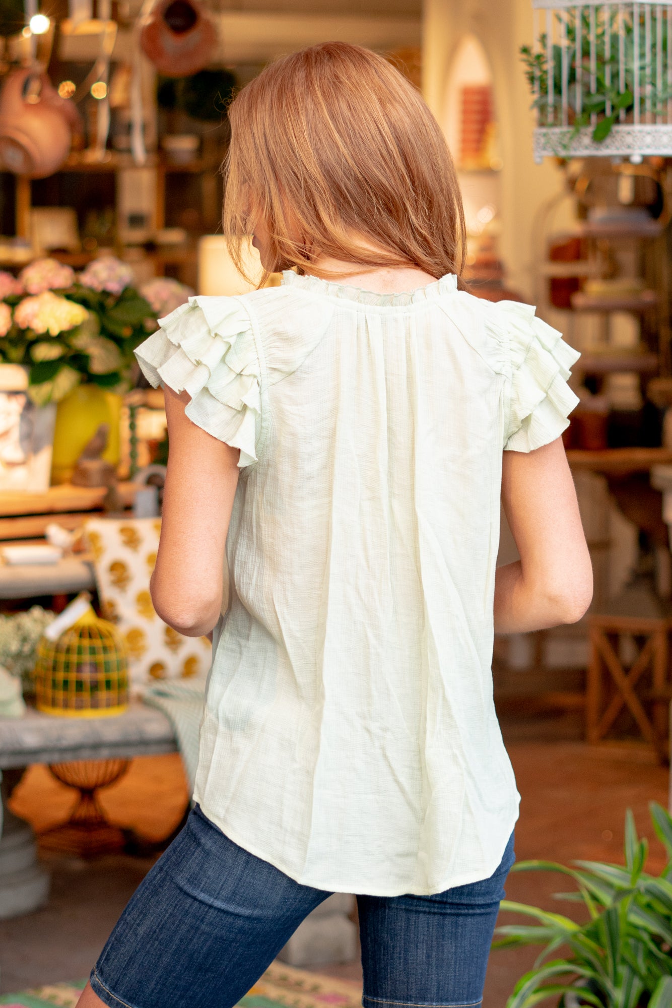 Square Neck Top Color: Celery Neckline: V Neck Sleeve: Flutter Sleeve Material: 100% Cotton Style #: 40575T-Celery Contact us for any additional measurements or sizing.