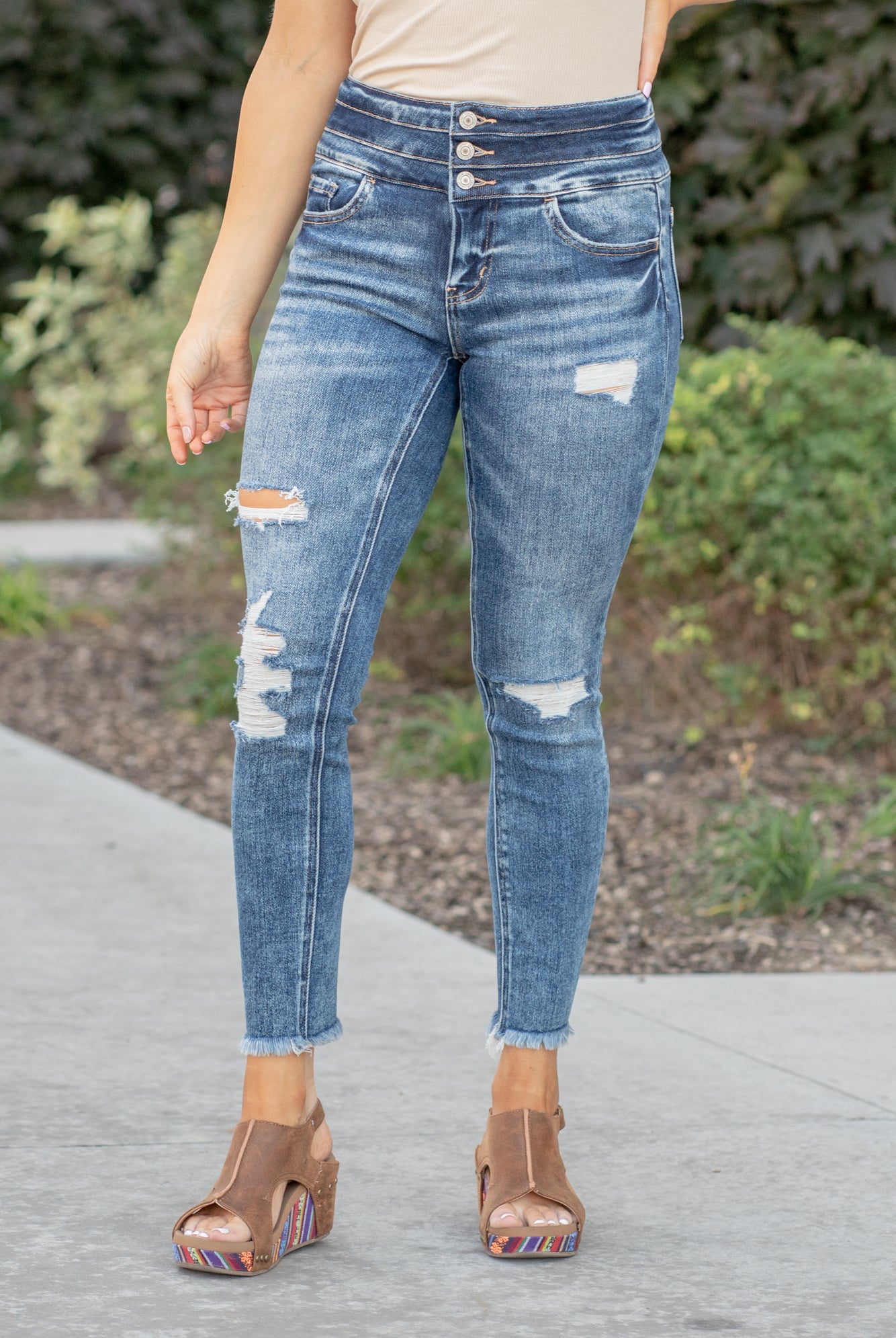 Vervet Flying Monkey Jeans These high-waisted ankle skinny leg jeans have a comfortable stretch with slim legs and a distressed frayed hem with the classic 5-pocket design. Style Name: Lobby Color: Medium Blue Wash Cut: Ankle Skinny, 27"* Rise: High-Rise, 10" Front Rise* Material: 92%COTTON, 6%POLYESTER, 2%SPANDEX Machine Wash Separately In Cold Water Stitching: Classic Fly: Zip Fly Style #: T5548 Contact us for any additional measurements or sizing.