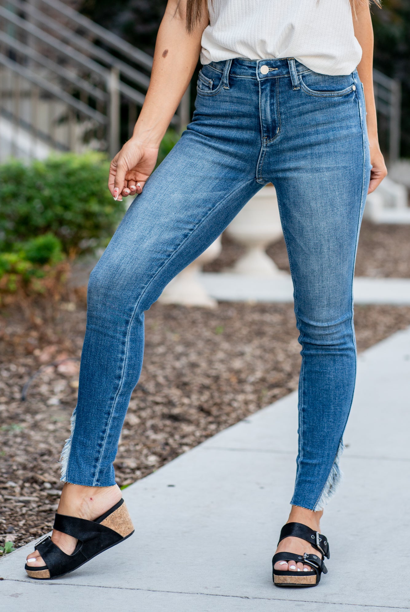 Judy Blue  Don't be afraid to wear high-waisted jeans with a medium blue wash and split hem detail, these will be your everyday go-to denim.   Color: Medium Wash Cut: Skinny, 28.5" Inseam*  Rise: High Rise 10.5" Front Rise* Material: 93% Cotton, 6% Polyester, 1% Spandex Machine Wash Separately In Cold Water Stitching: Classic Fly: Zipper Style #: JB88459-PL | 88459-PL *Measured on the smallest size, measurements may vary by size.  Contact us for any additional measurements or sizing.