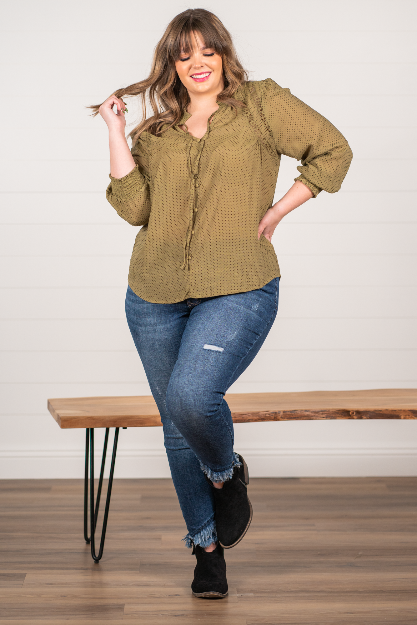 Perch by Blu Pepper Color: Light Olive Balloon Sleeves Smock Neck & Cuffs Button Neckline Half Sleeves Polka Dot SELF: 62% RAYON 38% POLYESTER Style #: PTB7119 Contact us for any additional measurements or sizing.