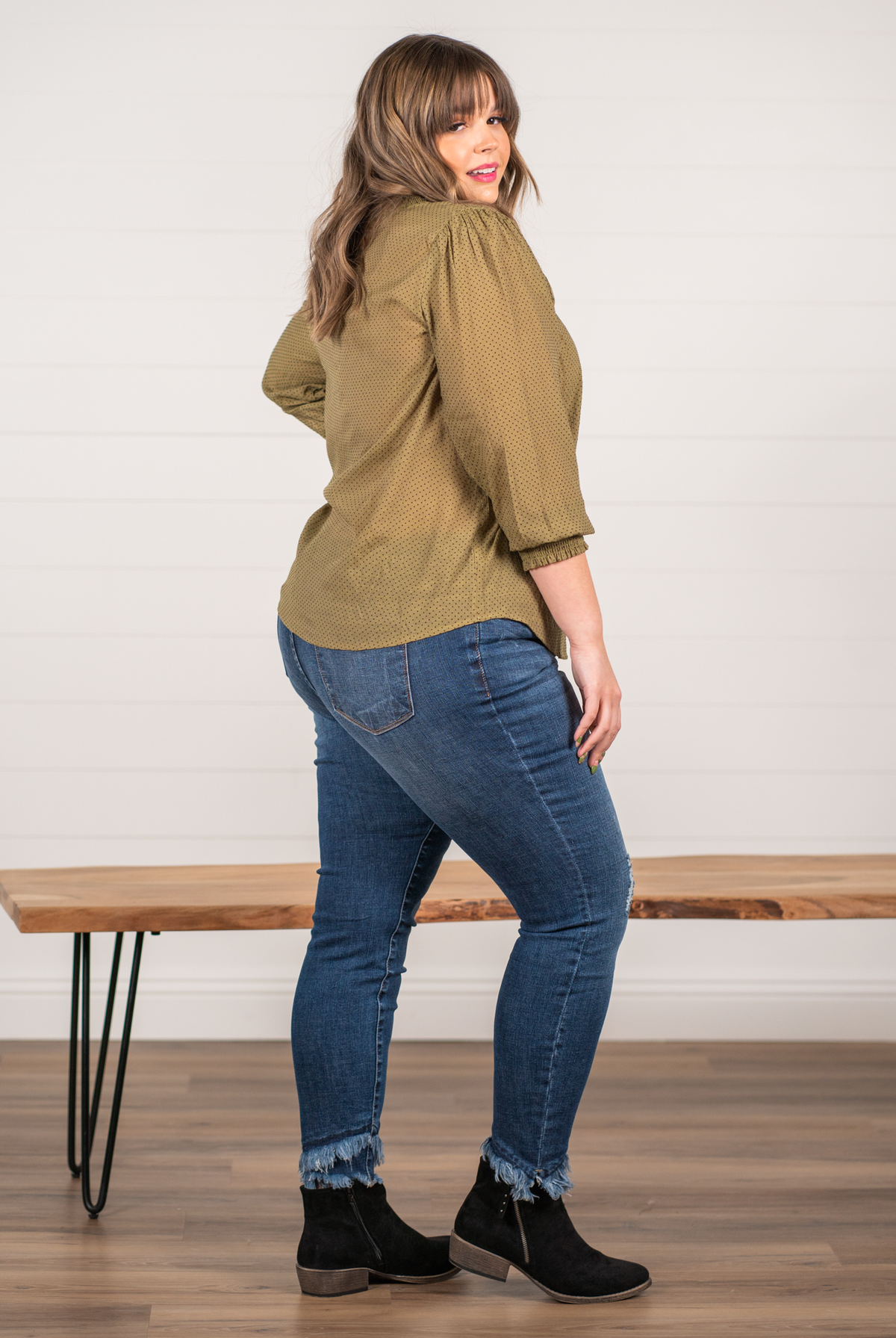 Perch by Blu Pepper Color: Light Olive Balloon Sleeves Smock Neck & Cuffs Button Neckline Half Sleeves Polka Dot SELF: 62% RAYON 38% POLYESTER Style #: PTB7119 Contact us for any additional measurements or sizing.