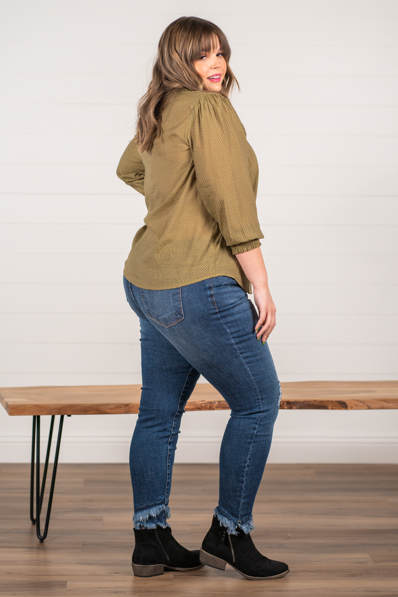 Perch by Blu Pepper Color: Light Olive Balloon Sleeves Smock Neck & Cuffs Button Neckline Half Sleeves Polka Dot SELF: 62% RAYON 38% POLYESTER Style #: PTB7119 Contact us for any additional measurements or sizing.