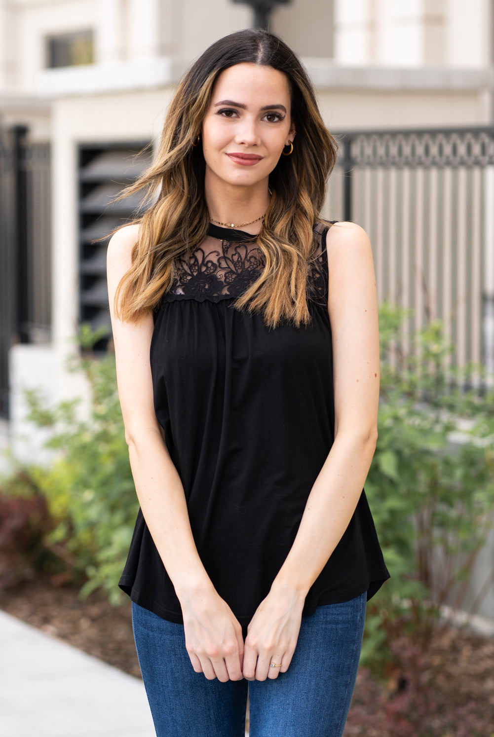 Miss Sparkling Pair this tank with skinny jeans and strappy sandals for a perfect summer look. Collection: Spring 2021 Color: Black Neckline: High Round Neck Sleeve: Tank 100% Polyester Style #: D2050486 Contact us for any additional measurements or sizing.