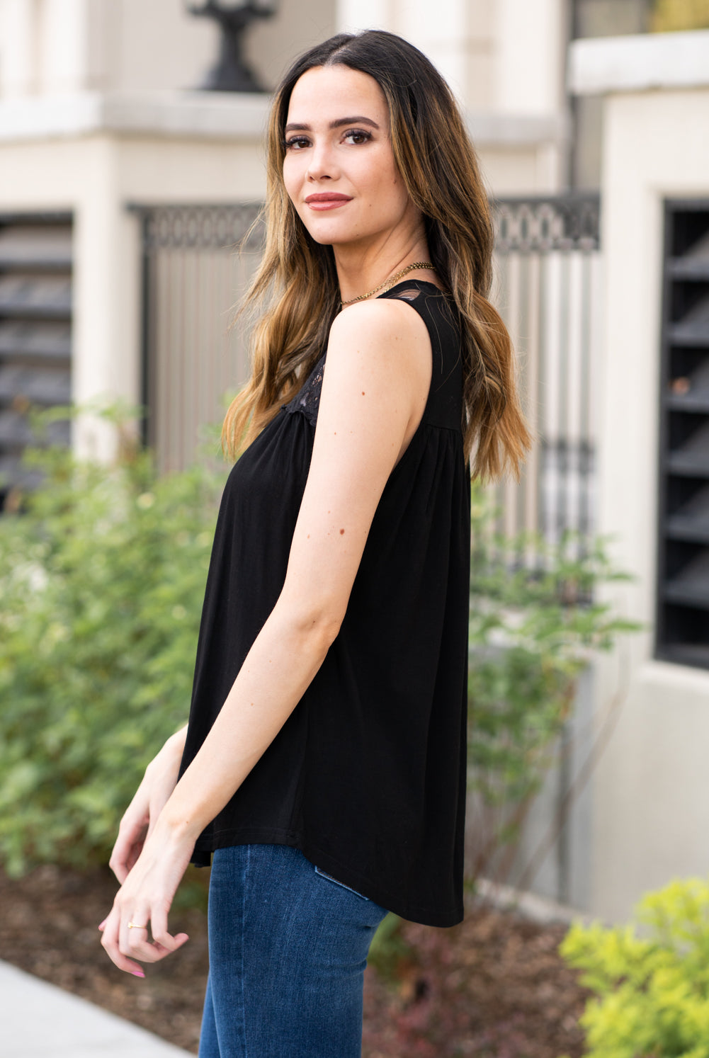 Miss Sparkling Pair this tank with skinny jeans and strappy sandals for a perfect summer look. Collection: Spring 2021 Color: Black Neckline: High Round Neck Sleeve: Tank 100% Polyester Style #: D2050486 Contact us for any additional measurements or sizing.