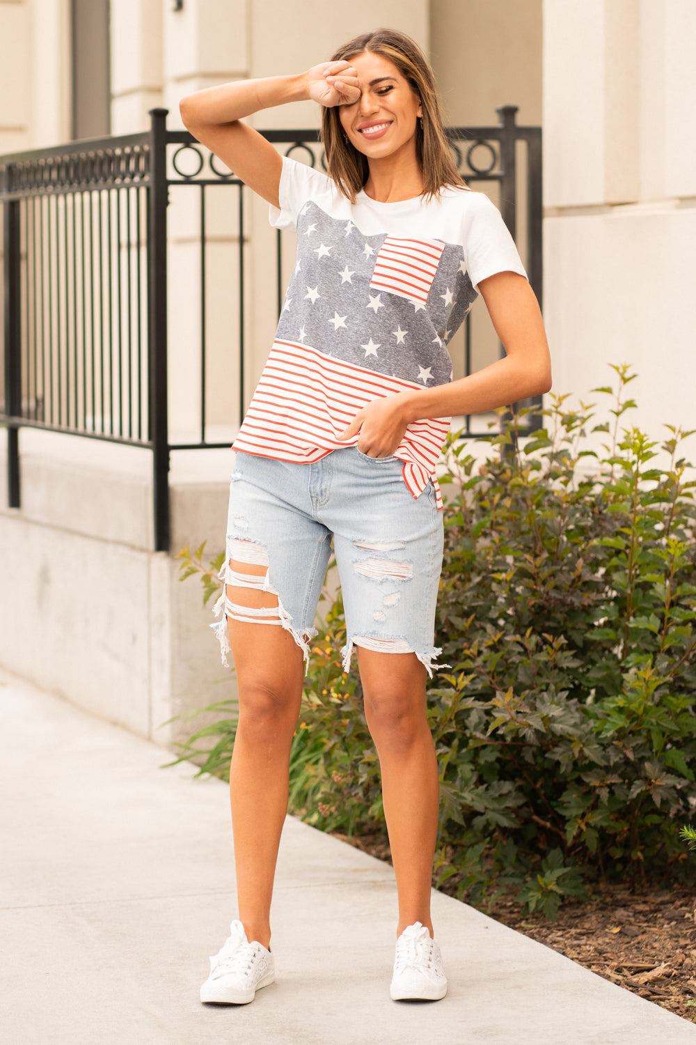 Hem & Thread Show your pride in this American Flag pocket tee! Color: Red, White & Blue! Neckline: Crew Sleeve: Short Sleeve Cotton Blend Style #: 30853J-Blue Contact us for any additional measurements or sizing.