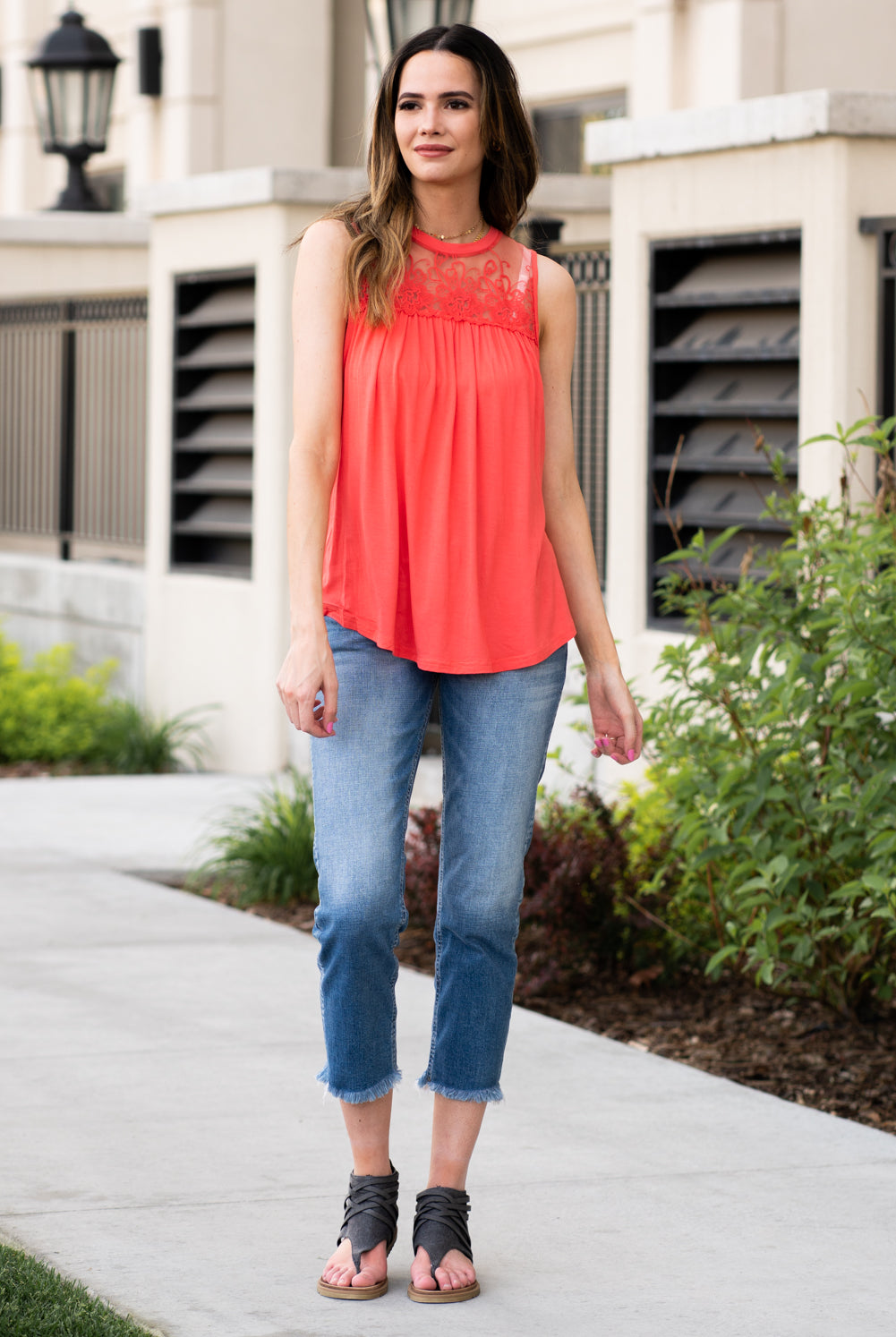 Miss Sparkling Pair this tank with skinny jeans and strappy sandals for a perfect summer look. Collection: Spring 2021 Color: pink Neckline: High Round Neck Sleeve: Tank 100% Polyester Style #: D2050486 Contact us for any additional measurements or sizing.