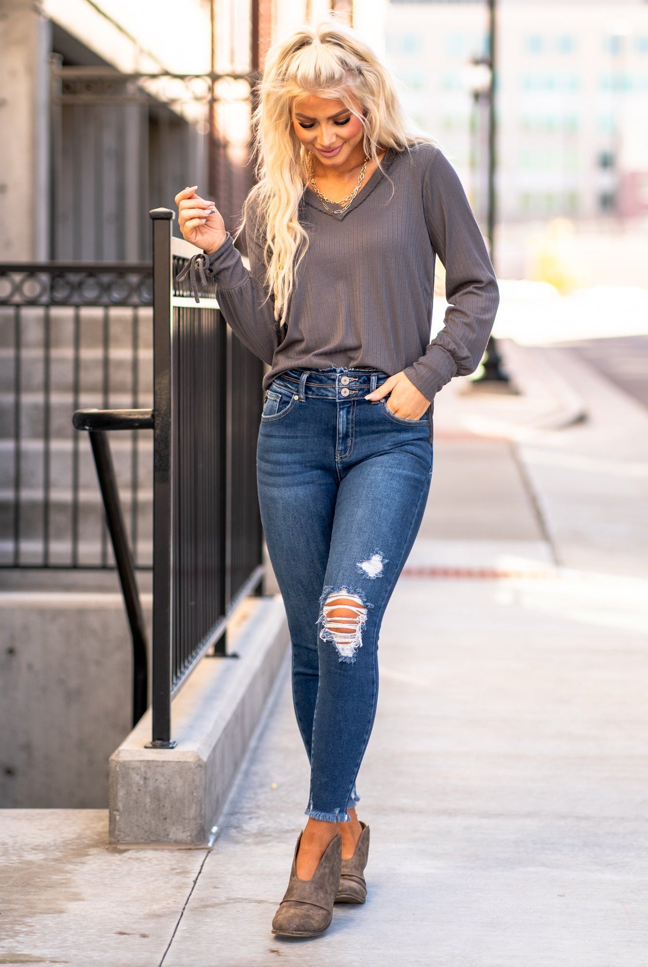 KanCan Jeans Color: Dark Wash Ankle Skinny, 27" Inseam* High Rise, 10" Front Rise* Frayed Hem Ankle with Ripped Distress 95% COTTON 4% POLY 1% LYCRA Fly: Zipper with Double Button Style #: KC8582D Contact us for any additional measurements or sizing. *Measured on the smallest size, measurements may vary by size.