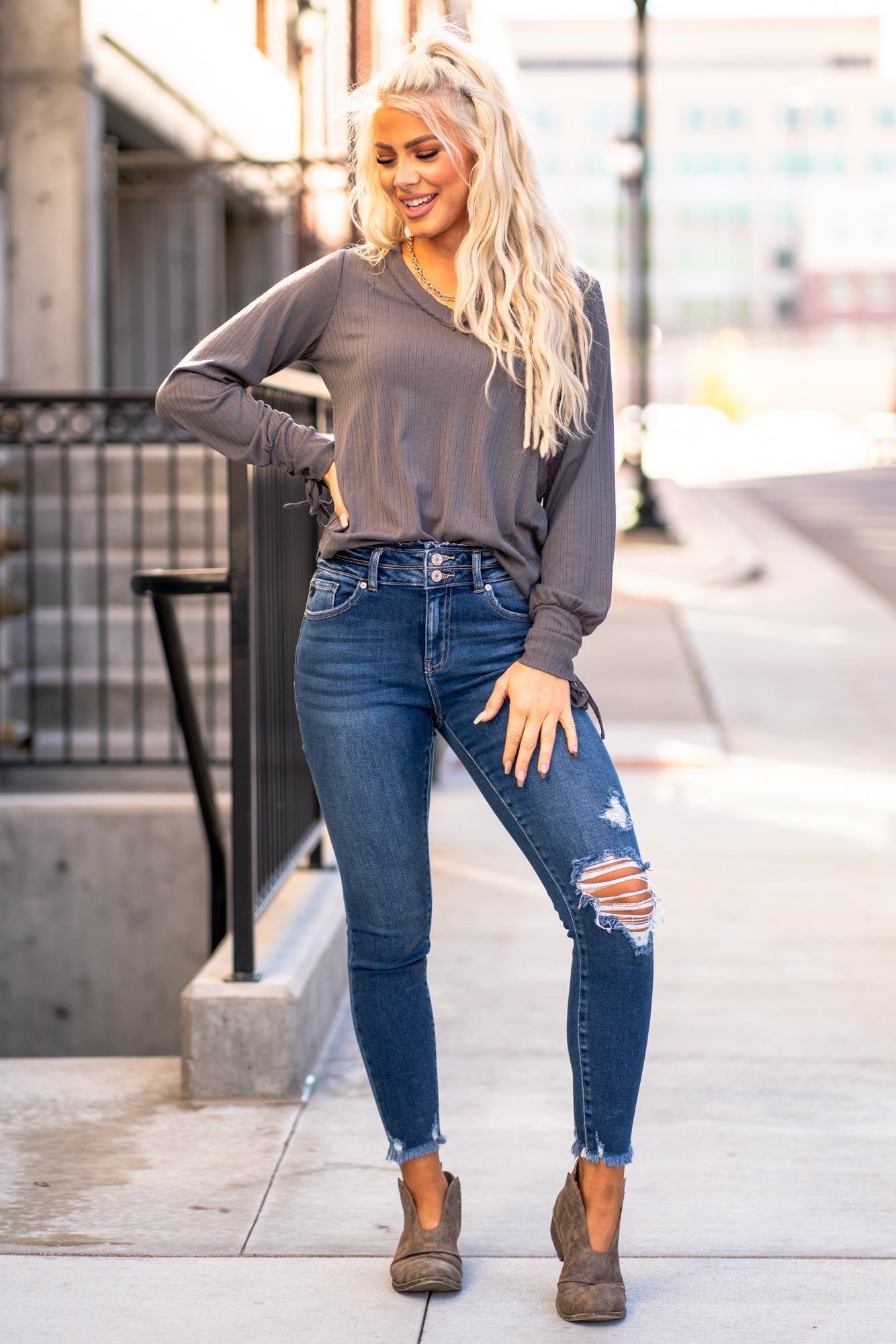 KanCan Jeans Color: Dark Wash Ankle Skinny, 27" Inseam* High Rise, 10" Front Rise* Frayed Hem Ankle with Ripped Distress 95% COTTON 4% POLY 1% LYCRA Fly: Zipper with Double Button Style #: KC8582D Contact us for any additional measurements or sizing. *Measured on the smallest size, measurements may vary by size.