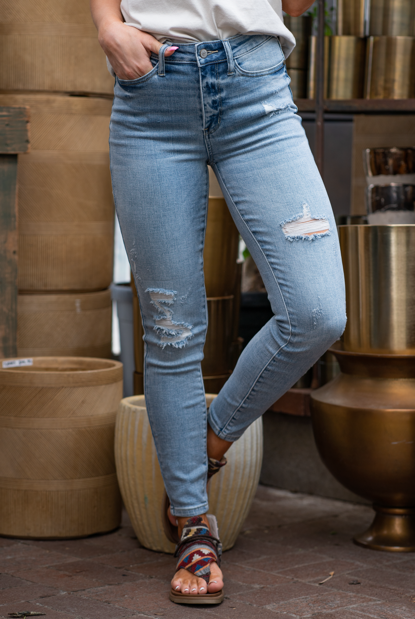 Judy Blue  Don't be afraid to wear high-waisted jeans, especially these skinny fits! With a light blue wash and distressed look,  these will be new favorites!   Color: Light Blue    Cut: Skinny, 28.5" Inseam* Rise: High Rise, 10.5" Front Rise* Machine Wash Separately In Cold Water Stitching: Classic  Material: 93% COTTON,6% POLYESTER,1% SPANDEX Fly: Zipper Style #: JB82330-JS-PL , 82230-JS-PL