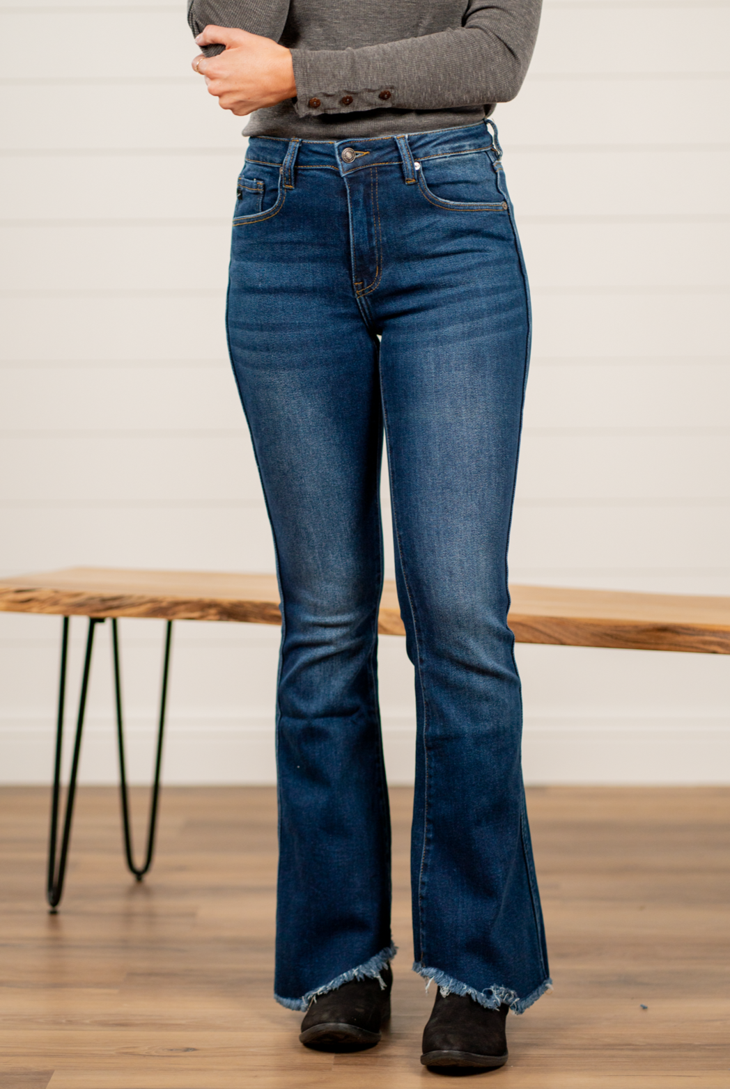 KanCan Jeans KanCan Stretchy Flare, 32" Inseam* High Rise, 10.5" Front Rise* Dark Blue Wash 94% COTTON, 4% T-400, 2% SPANDEX Fly: Zipper Style #: KC3021D Contact us for any additional measurements or sizing. *Measured on the smallest size, measurements may vary by size.