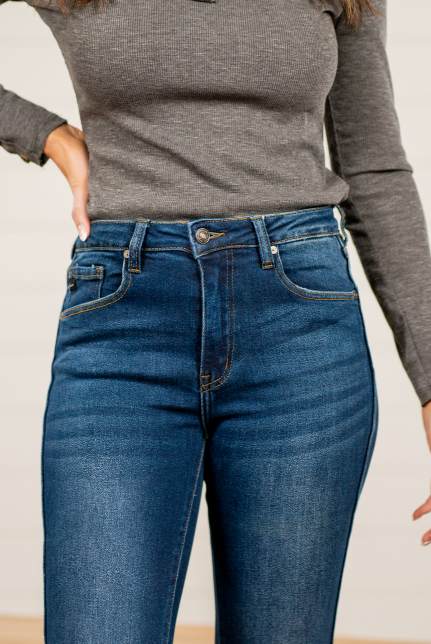 KanCan Jeans  KanCan Stretchy  Flare, 32" Inseam* High Rise, 10.5" Front Rise* Dark Blue Wash  94% COTTON, 4% T-400, 2% SPANDEX Fly: Zipper Style #: KC3021D Contact us for any additional measurements or sizing.  *Measured on the smallest size, measurements may vary by size.   
