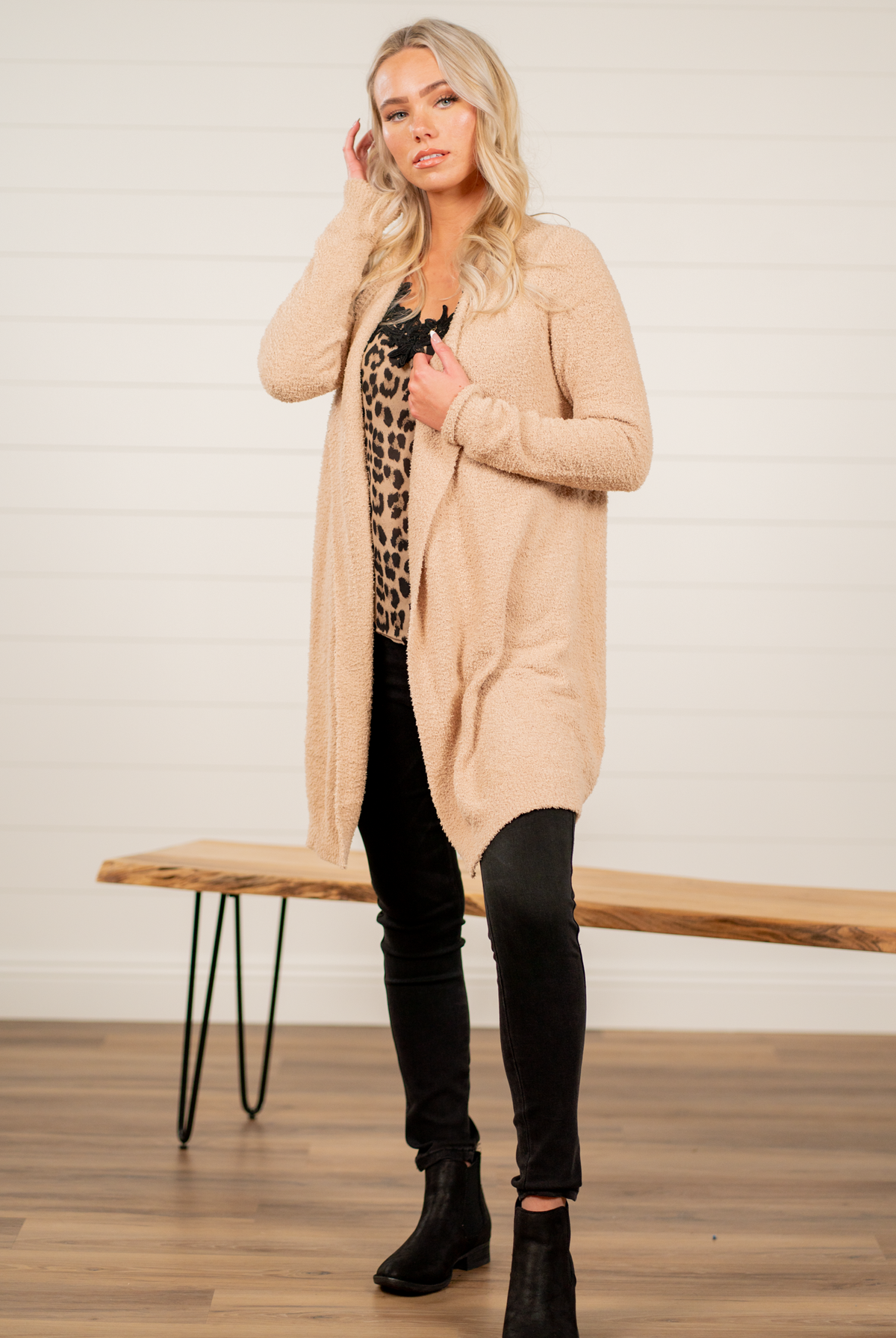 Hem & Thread Pair your favorite cami and jeans with this cozy open-front cardigan. Color: Beige Neckline: Open Sleeve: Long 100% Polyester Style #: 31160W Contact us for any additional measurements or sizing.