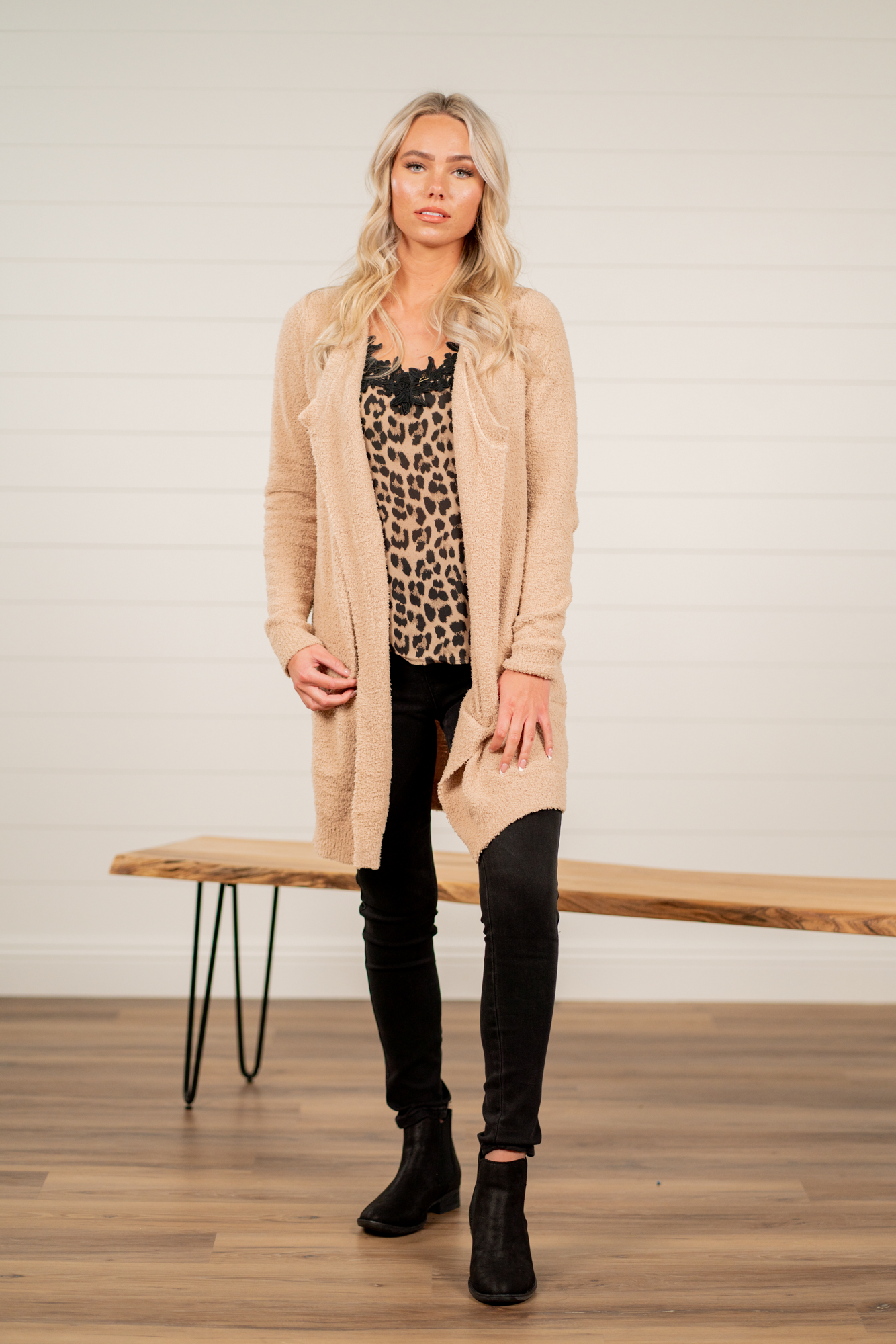 Hem & Thread Pair your favorite cami and jeans with this cozy open-front cardigan. Color: Beige Neckline: Open Sleeve: Long 100% Polyester Style #: 31160W Contact us for any additional measurements or sizing.