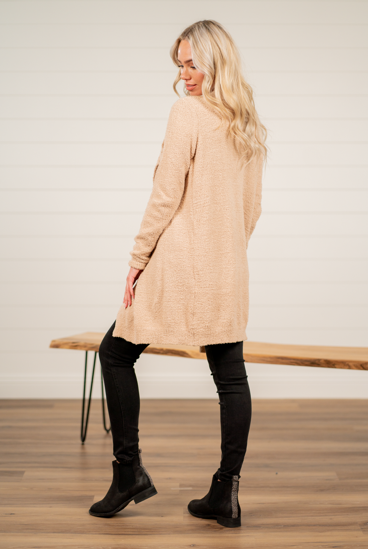 Hem & Thread Pair your favorite cami and jeans with this cozy open-front cardigan. Color: Beige Neckline: Open Sleeve: Long 100% Polyester Style #: 31160W Contact us for any additional measurements or sizing.