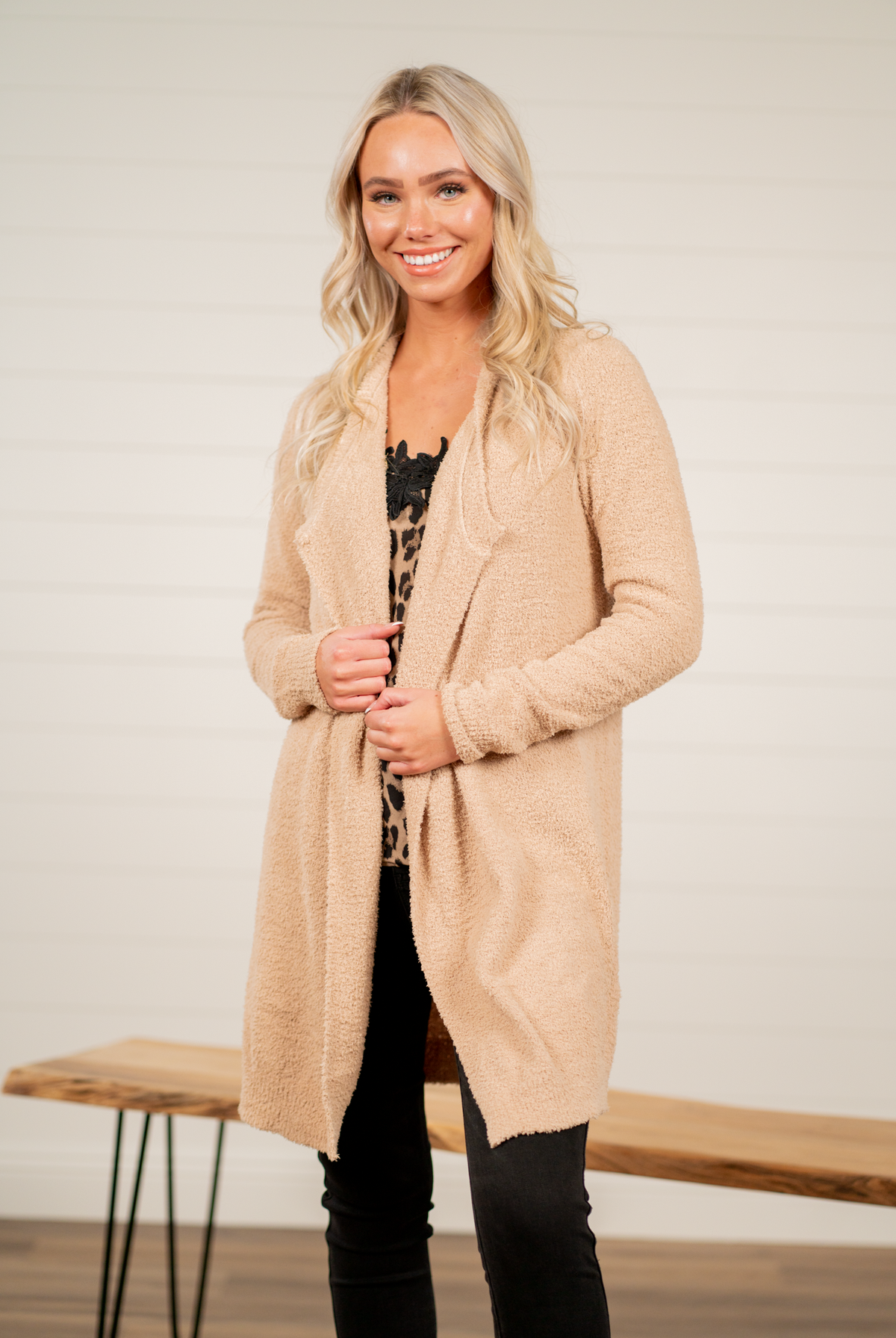 Hem & Thread Pair your favorite cami and jeans with this cozy open-front cardigan. Color: Beige Neckline: Open Sleeve: Long 100% Polyester Style #: 31160W Contact us for any additional measurements or sizing.