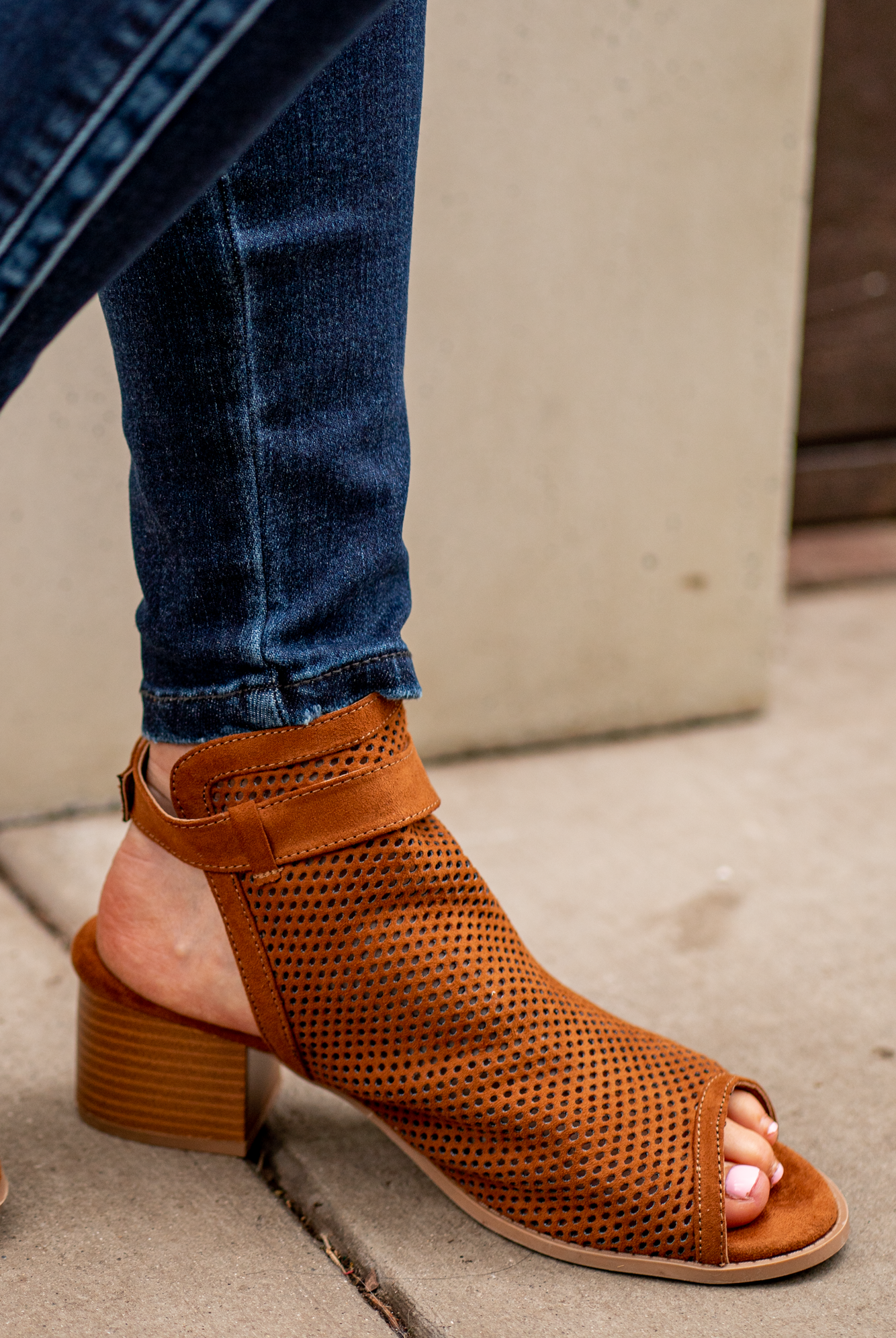 Heeled Sandals by Qupid Style Name: Doria Color: Chestnut Cut: Strappy Peep Toe with Clasp Back 2" Stacked Heel Material. Outsole: Rubber Upper: Textile/Manmade Contact us for any additional measurements or sizing.