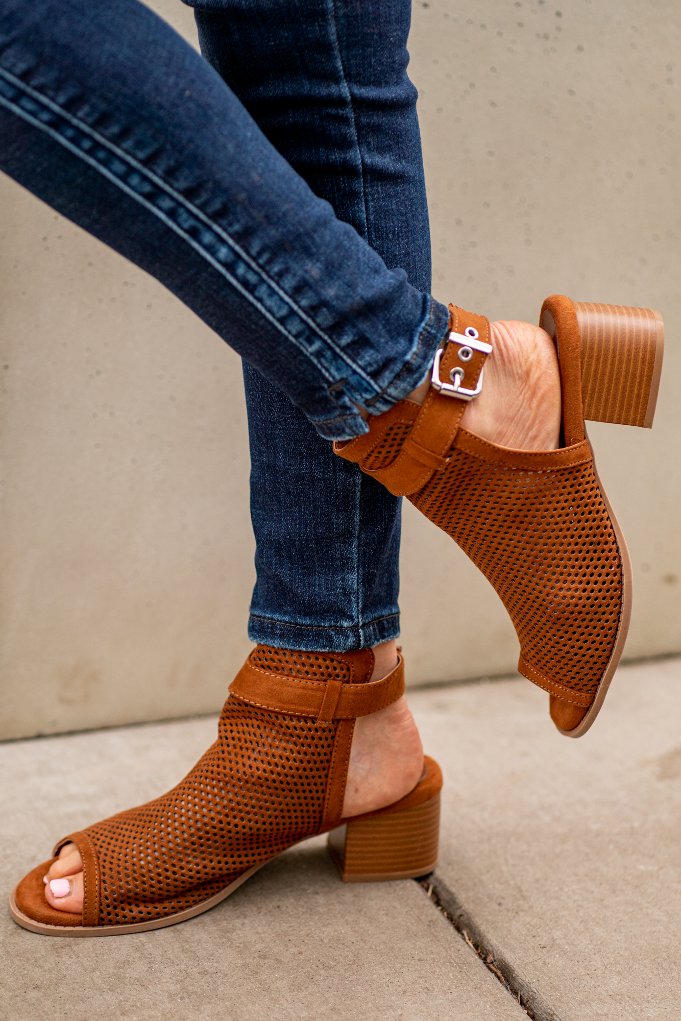 Heeled Sandals by Qupid Style Name: Doria Color: Chestnut Cut: Strappy Peep Toe with Clasp Back 2" Stacked Heel Material. Outsole: Rubber Upper: Textile/Manmade Contact us for any additional measurements or sizing.