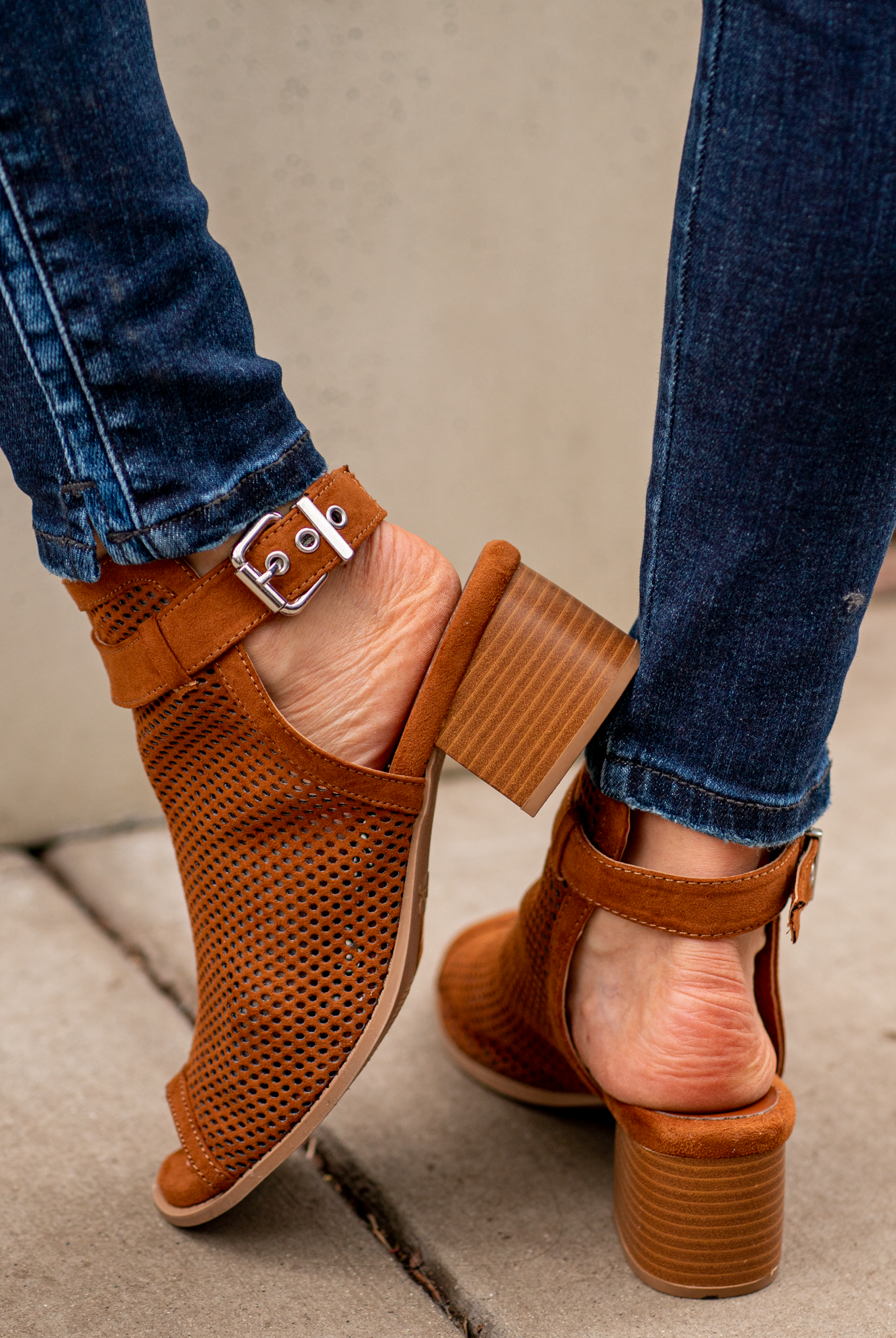 Heeled Sandals by Qupid Style Name: Doria Color: Chestnut Cut: Strappy Peep Toe with Clasp Back 2" Stacked Heel Material. Outsole: Rubber Upper: Textile/Manmade Contact us for any additional measurements or sizing.