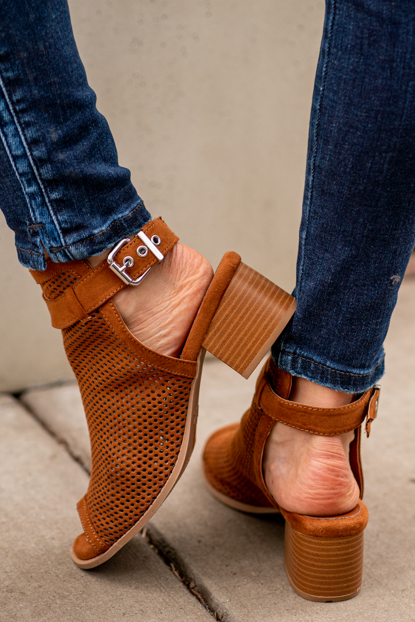 Heeled Sandals by Qupid Style Name: Doria Color: Chestnut Cut: Strappy Peep Toe with Clasp Back 2" Stacked Heel Material. Outsole: Rubber Upper: Textile/Manmade Contact us for any additional measurements or sizing.