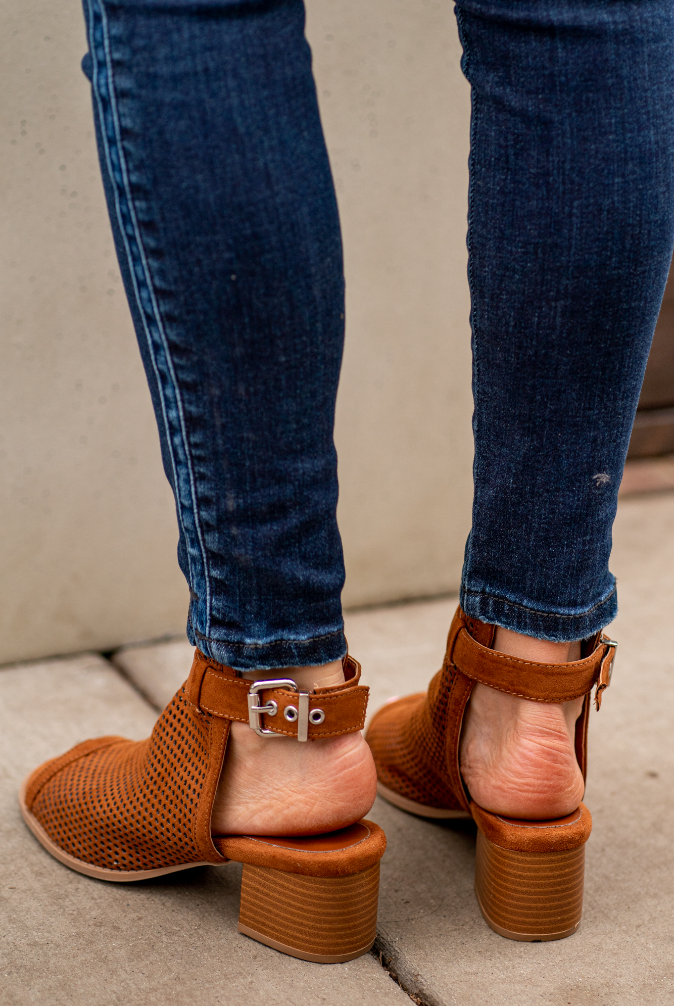 Heeled Sandals by Qupid Style Name: Doria Color: Chestnut Cut: Strappy Peep Toe with Clasp Back 2" Stacked Heel Material. Outsole: Rubber Upper: Textile/Manmade Contact us for any additional measurements or sizing.