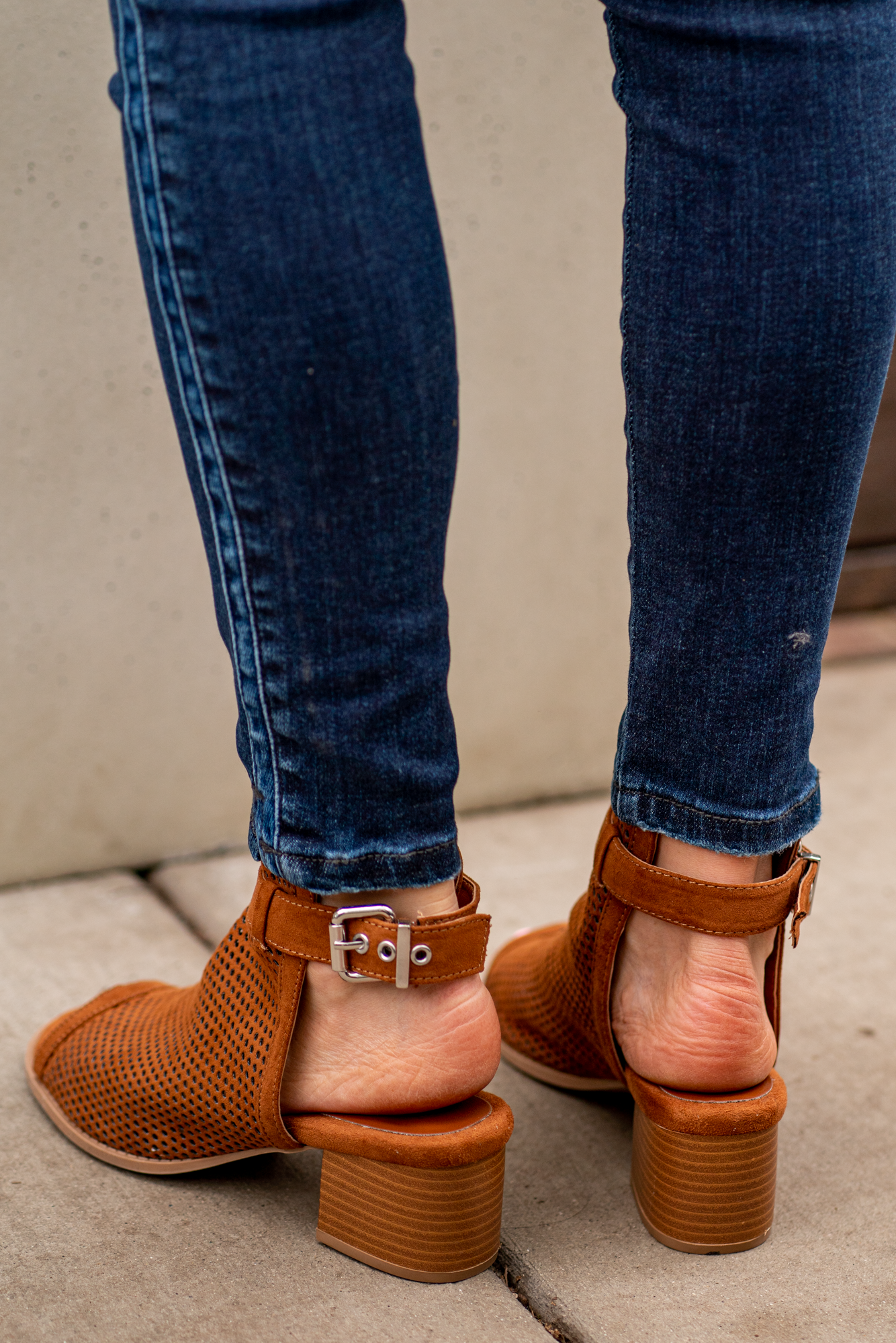 Heeled Sandals by Qupid Style Name: Doria Color: Chestnut Cut: Strappy Peep Toe with Clasp Back 2" Stacked Heel Material. Outsole: Rubber Upper: Textile/Manmade Contact us for any additional measurements or sizing.