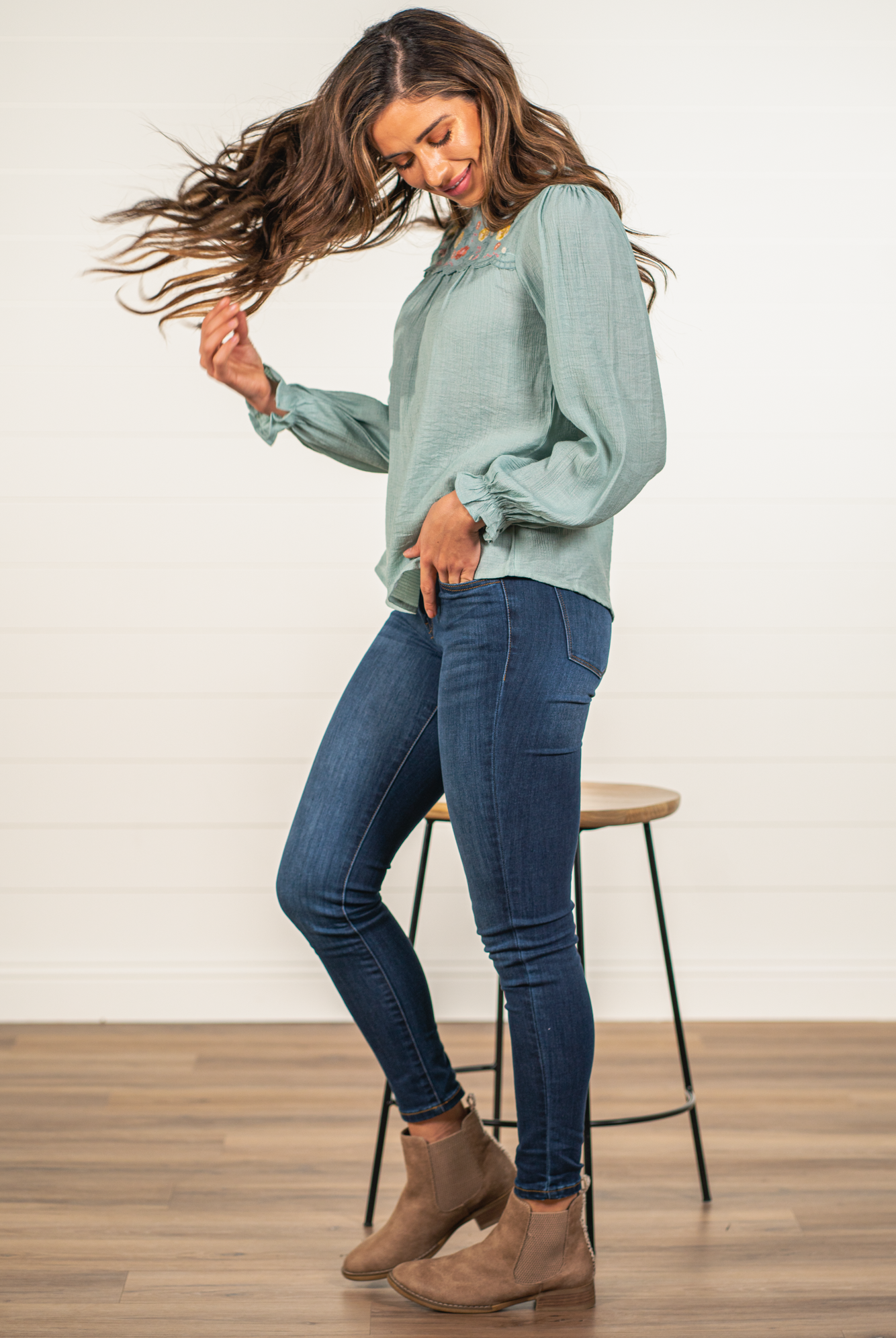 Blu Pepper Color: Minty Blue Long Sleeves Floral Embroidered Keyhole Back Sinched Wrists 86% RAYON 14% NYLON Style #: CR1476-Minty Blue Contact us for any additional measurements or sizing.