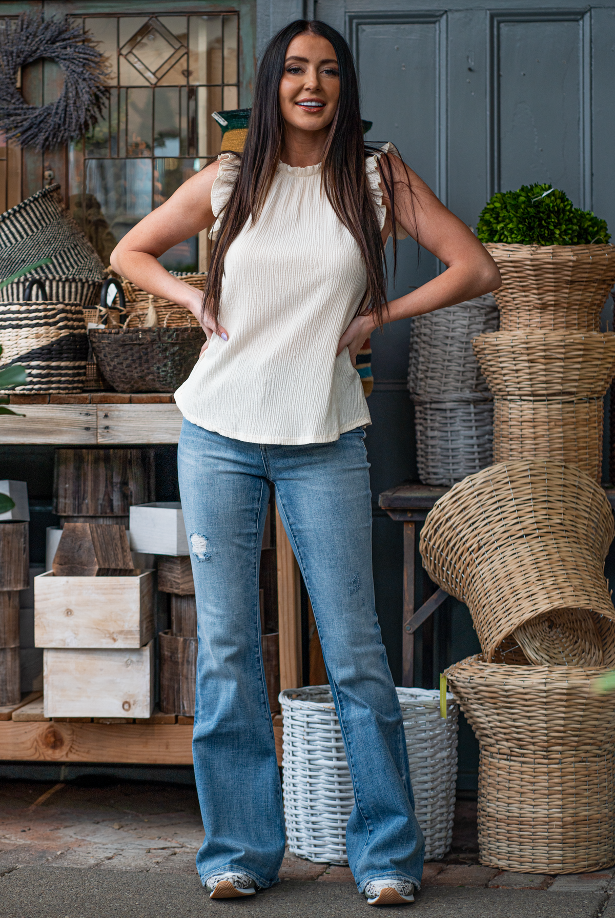 Ces Femme Color: Cream Round Neckline Sleeveless Flutter Sleeved Style #: TT3612RSA-Cream Contact us for any additional measurements or sizing.
