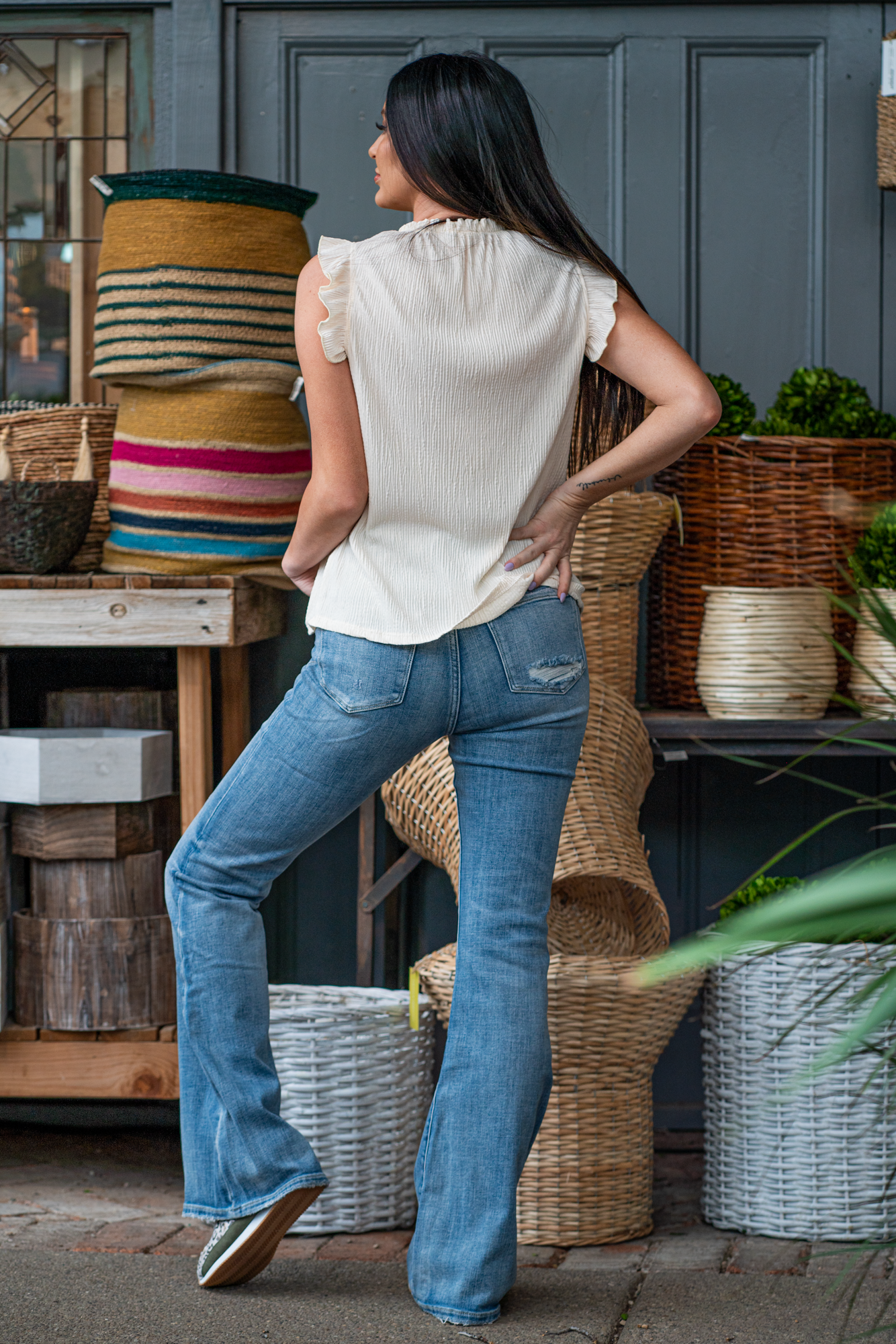 Ces Femme Color: Cream Round Neckline Sleeveless Flutter Sleeved Style #: TT3612RSA-Cream Contact us for any additional measurements or sizing.