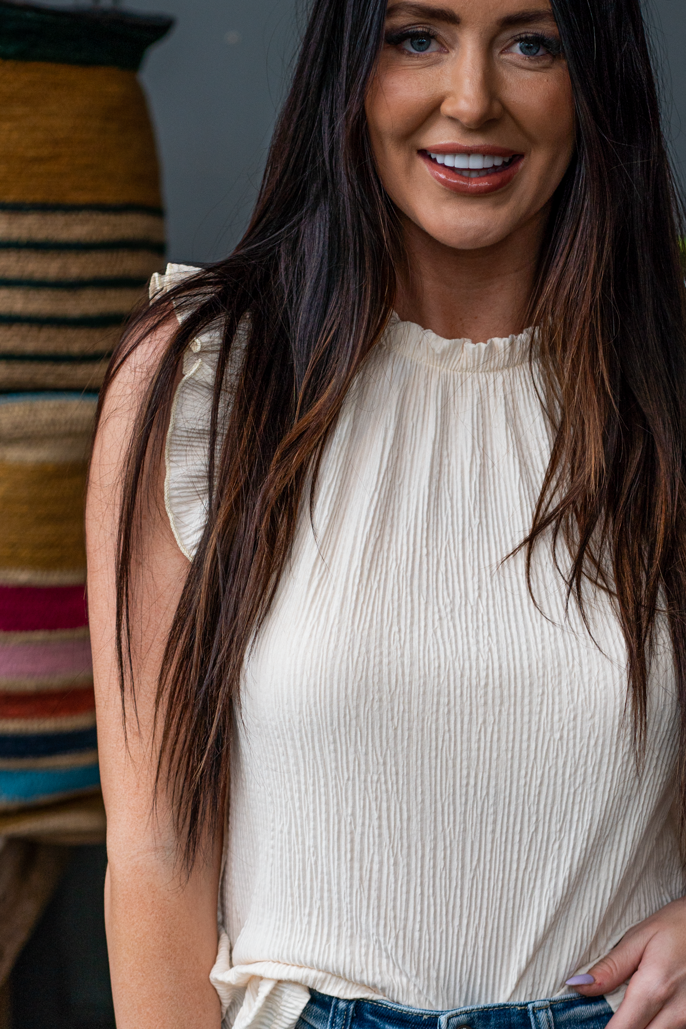 Ces Femme Color: Cream Round Neckline Sleeveless Flutter Sleeved Style #: TT3612RSA-Cream Contact us for any additional measurements or sizing.