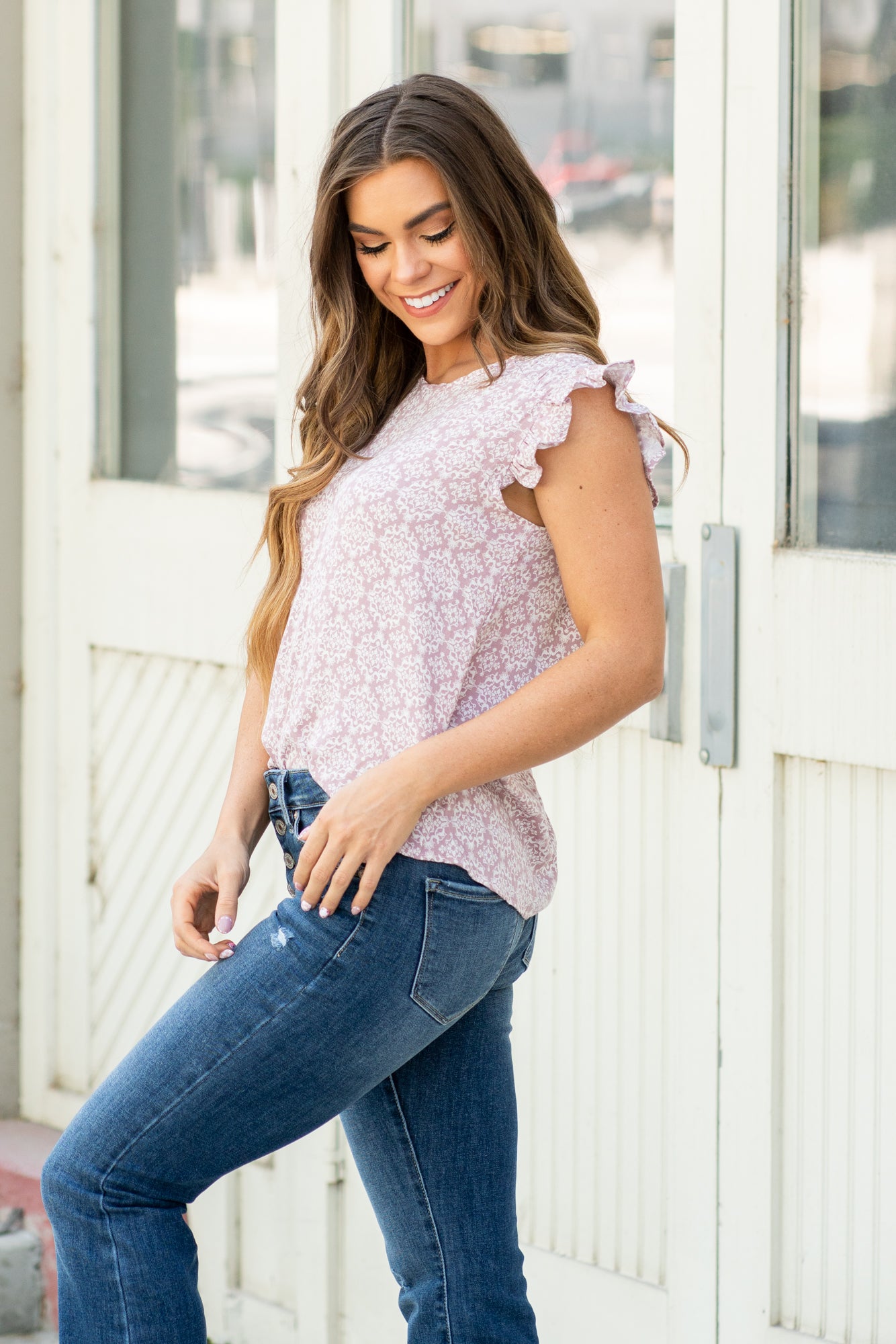 Ces Femme Color: Mauve Floral Print Fabric Crew Neck Ruffle Shoulders Sleeveless Style #: TC12220-Mauve Contact us for any additional measurements or sizing.