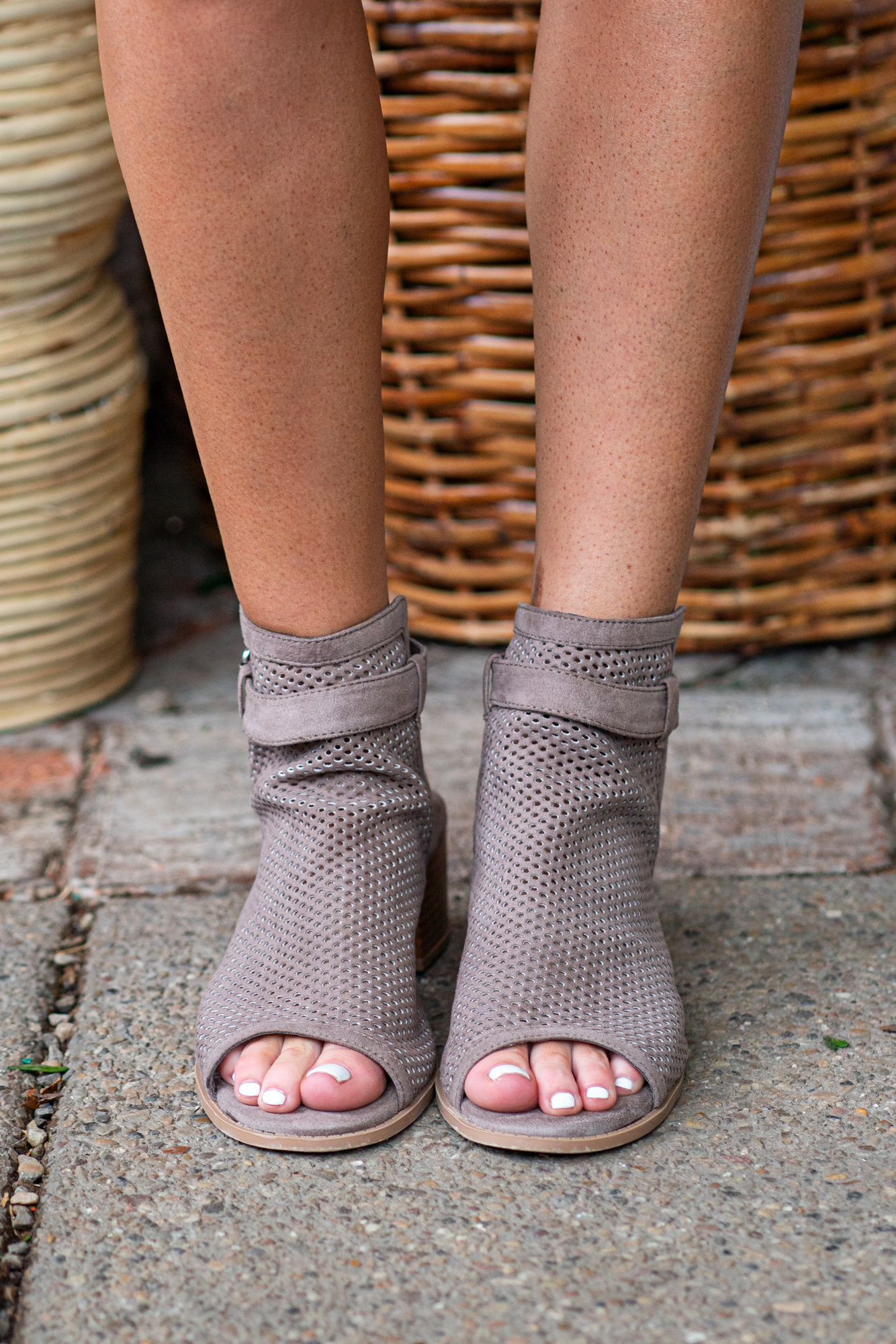 Heeled Sandals by Qupid Style Name: Doria Color: Taupe Cut: Strappy Peep Toe with Clasp Back 2" Stacked Heel Material. Outsole: Rubber Upper: Textile/Manmade Contact us for any additional measurements or sizing.