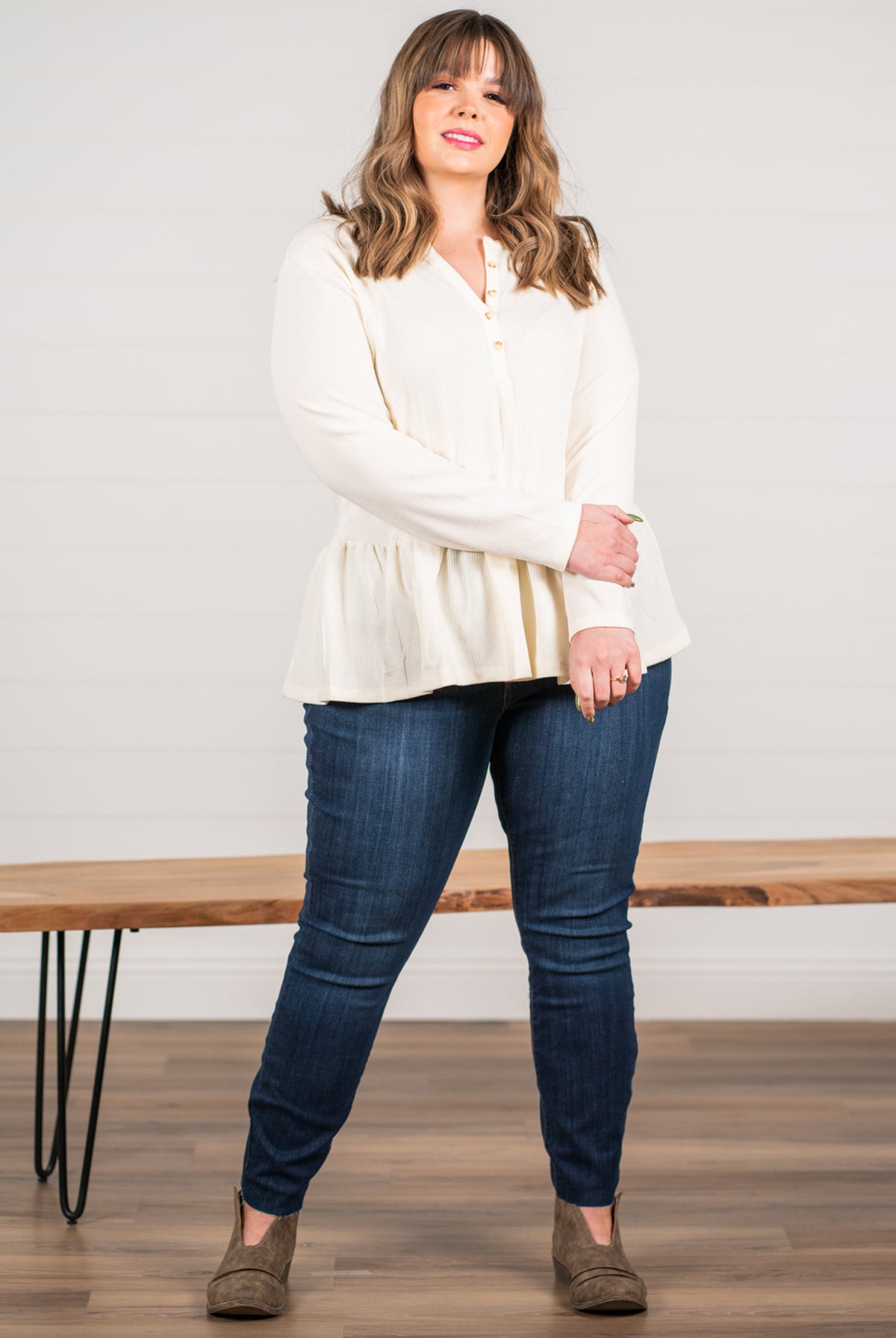 Blu Pepper Color: Ivory Ribbed Knit Long Sleeves Henley Neckline 94% POLYESTER 6% SPANDEX Style #: PCR1253 Contact us for any additional measurements or sizing.