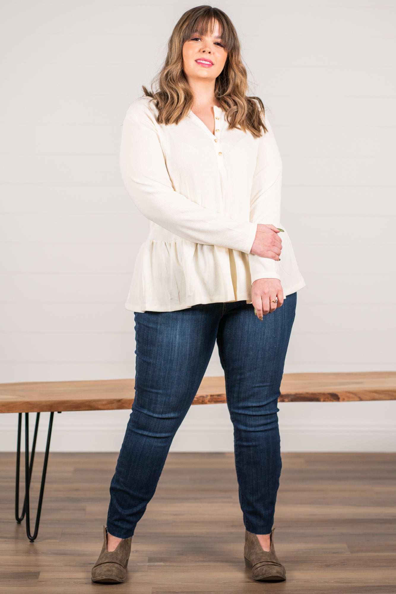 Blu Pepper Color: Ivory Ribbed Knit Long Sleeves Henley Neckline 94% POLYESTER 6% SPANDEX Style #: PCR1253 Contact us for any additional measurements or sizing.