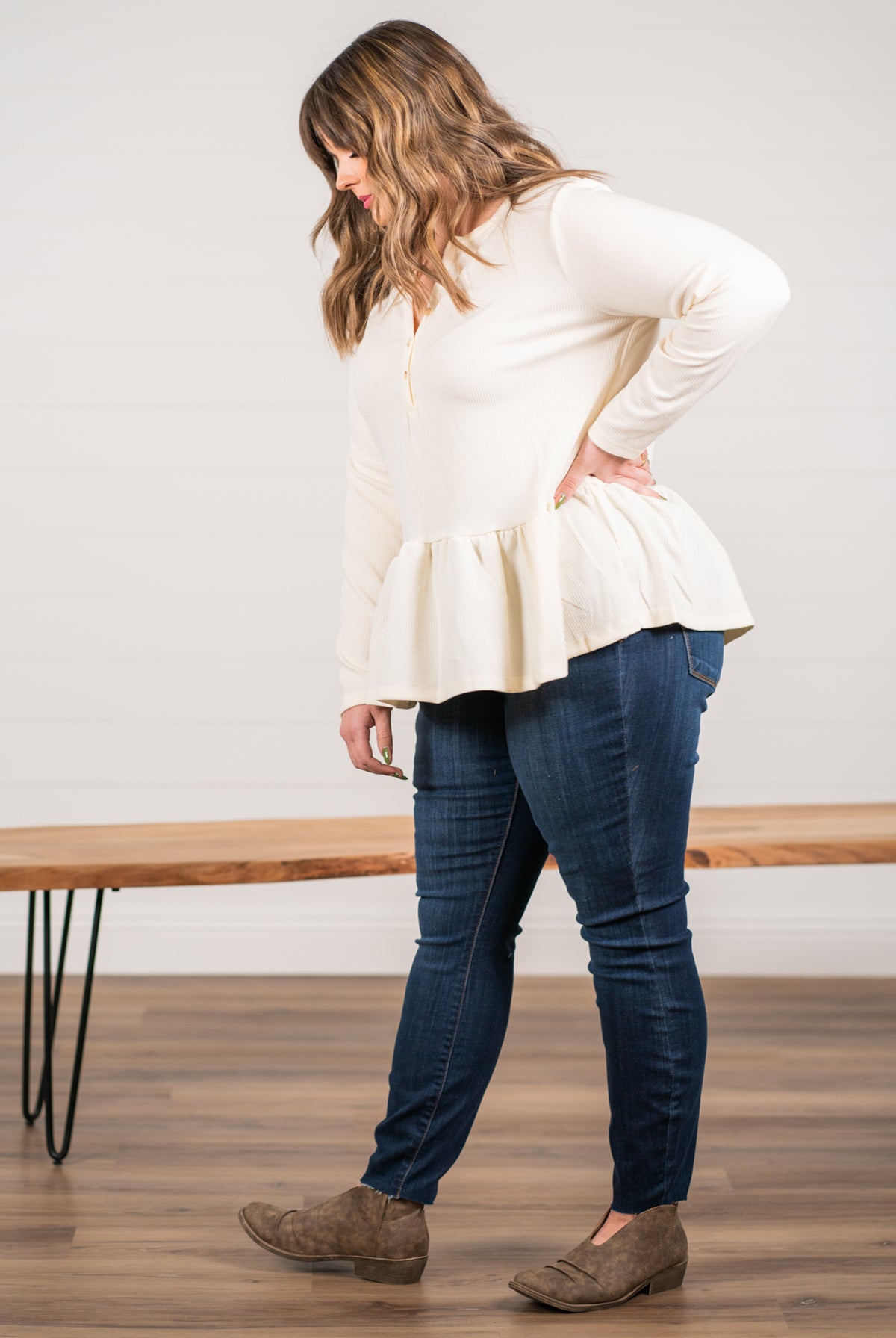 Blu Pepper Color: Ivory Ribbed Knit Long Sleeves Henley Neckline 94% POLYESTER 6% SPANDEX Style #: PCR1253 Contact us for any additional measurements or sizing.