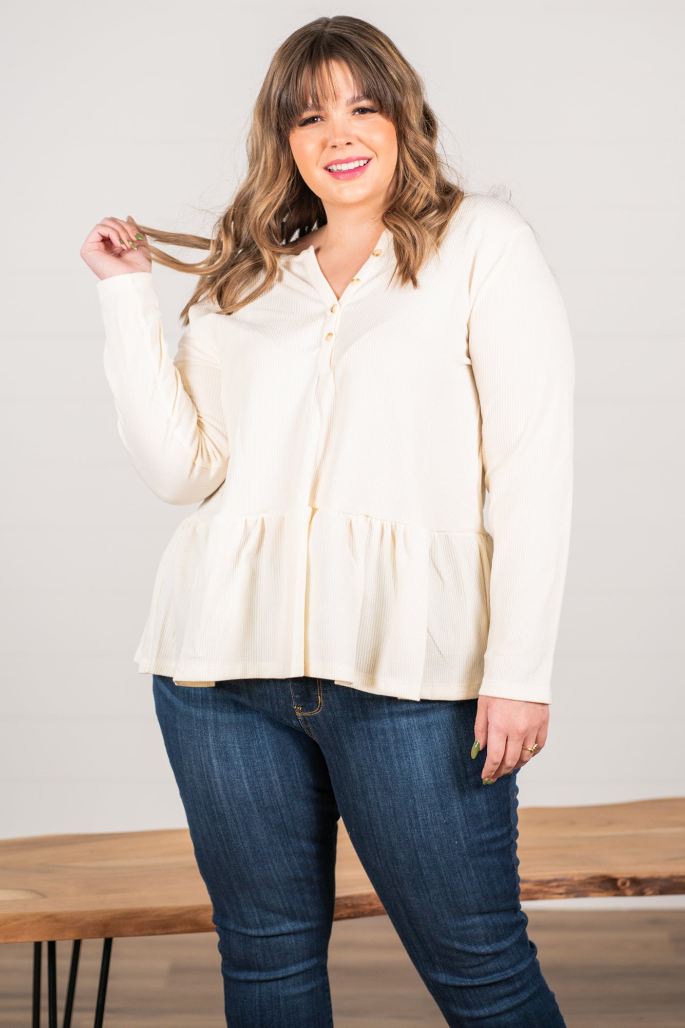 Blu Pepper Color: Ivory Ribbed Knit Long Sleeves Henley Neckline 94% POLYESTER 6% SPANDEX Style #: PCR1253 Contact us for any additional measurements or sizing.